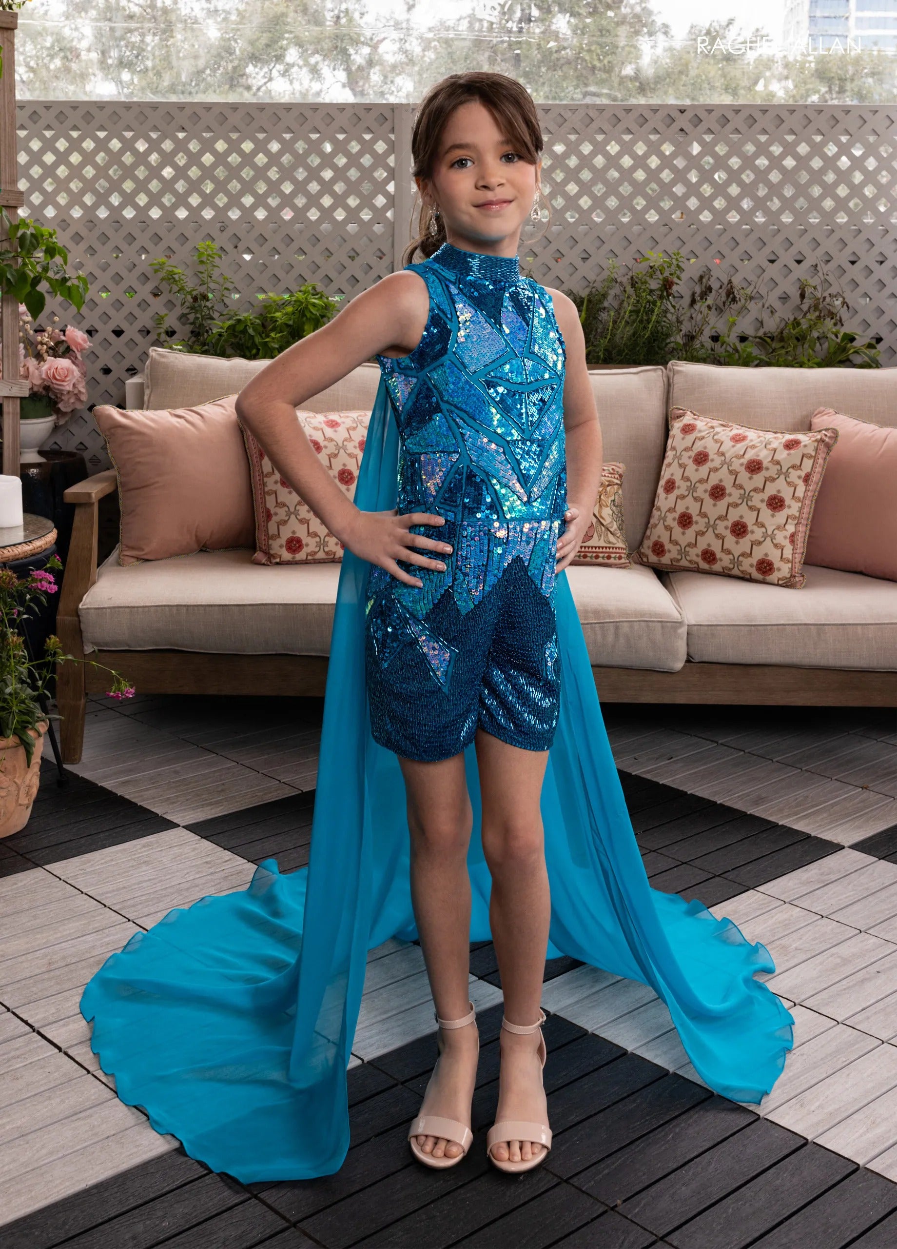 Turquoise High-Neck Short Sequin Flower Girl Romper with Chiffon Cape Rachel Allan 10282