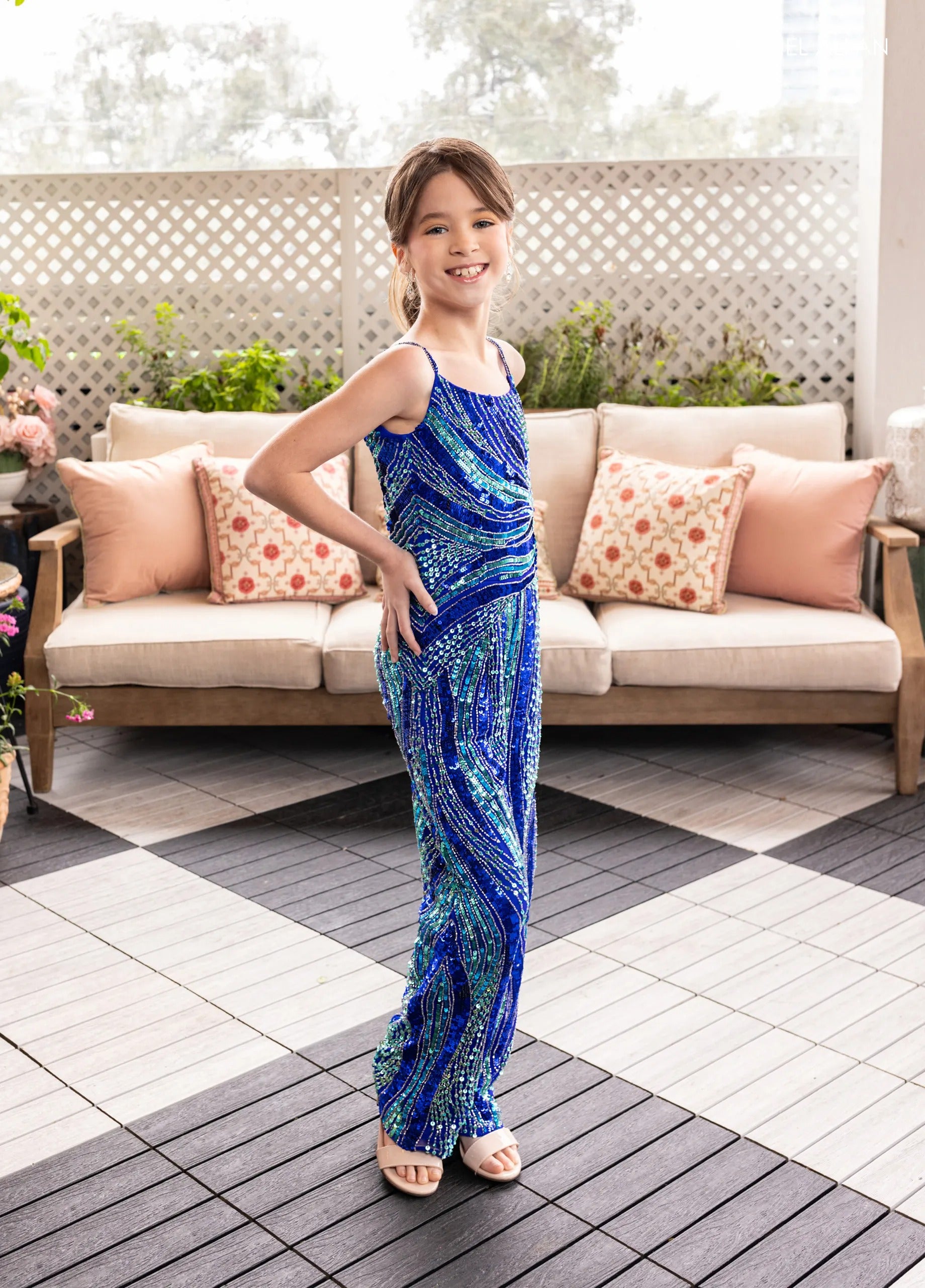 Royal Multi One-Shoulder Floor-Length Sequin Pageant Jumpsuit with Detachable Taffeta Train Rachel Allan 10286