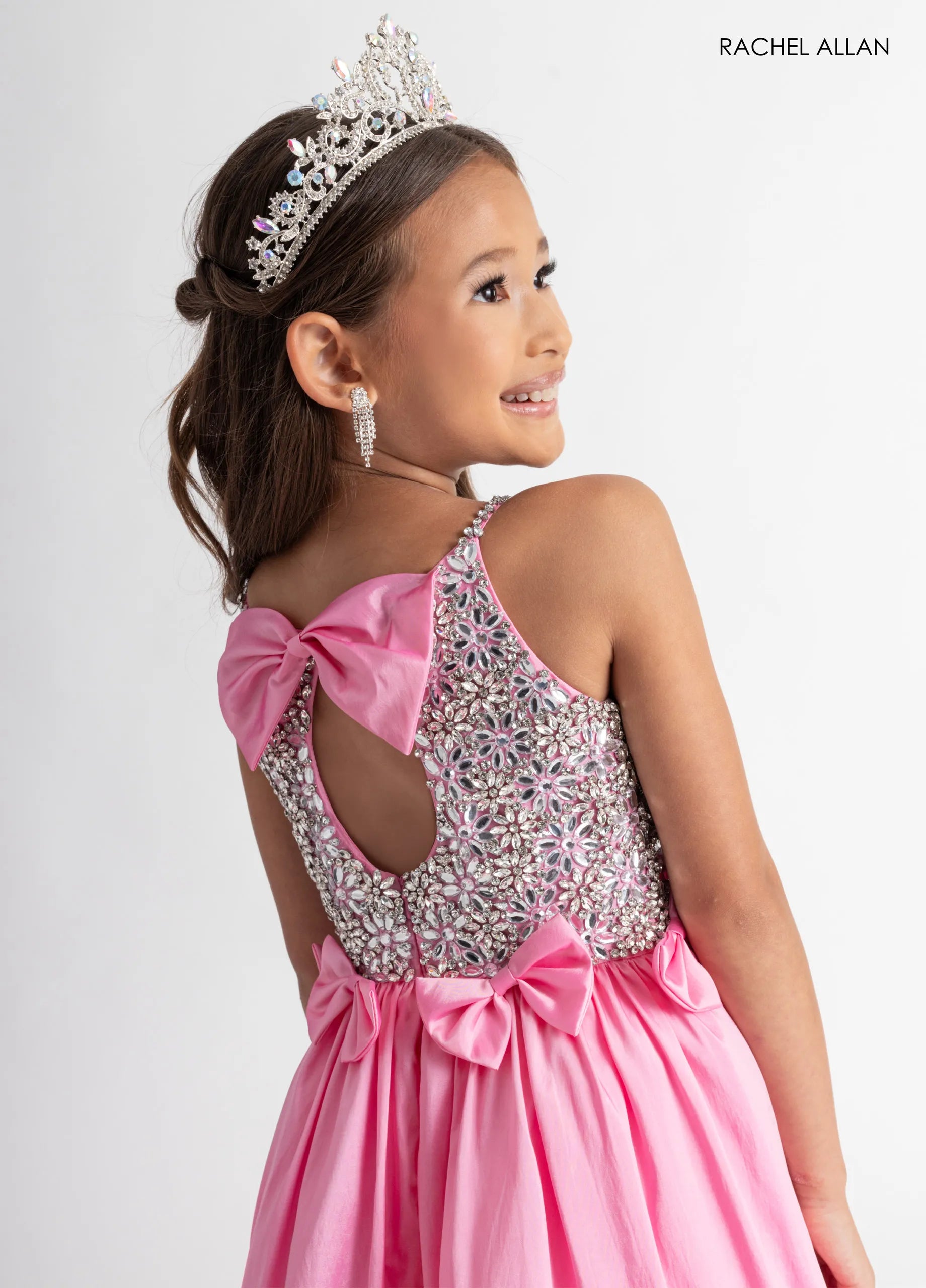 Candy Pink Scoop Neck Floor-Length Sequin Pageant Romper with Ruffled Overskirt Rachel Allan 10301