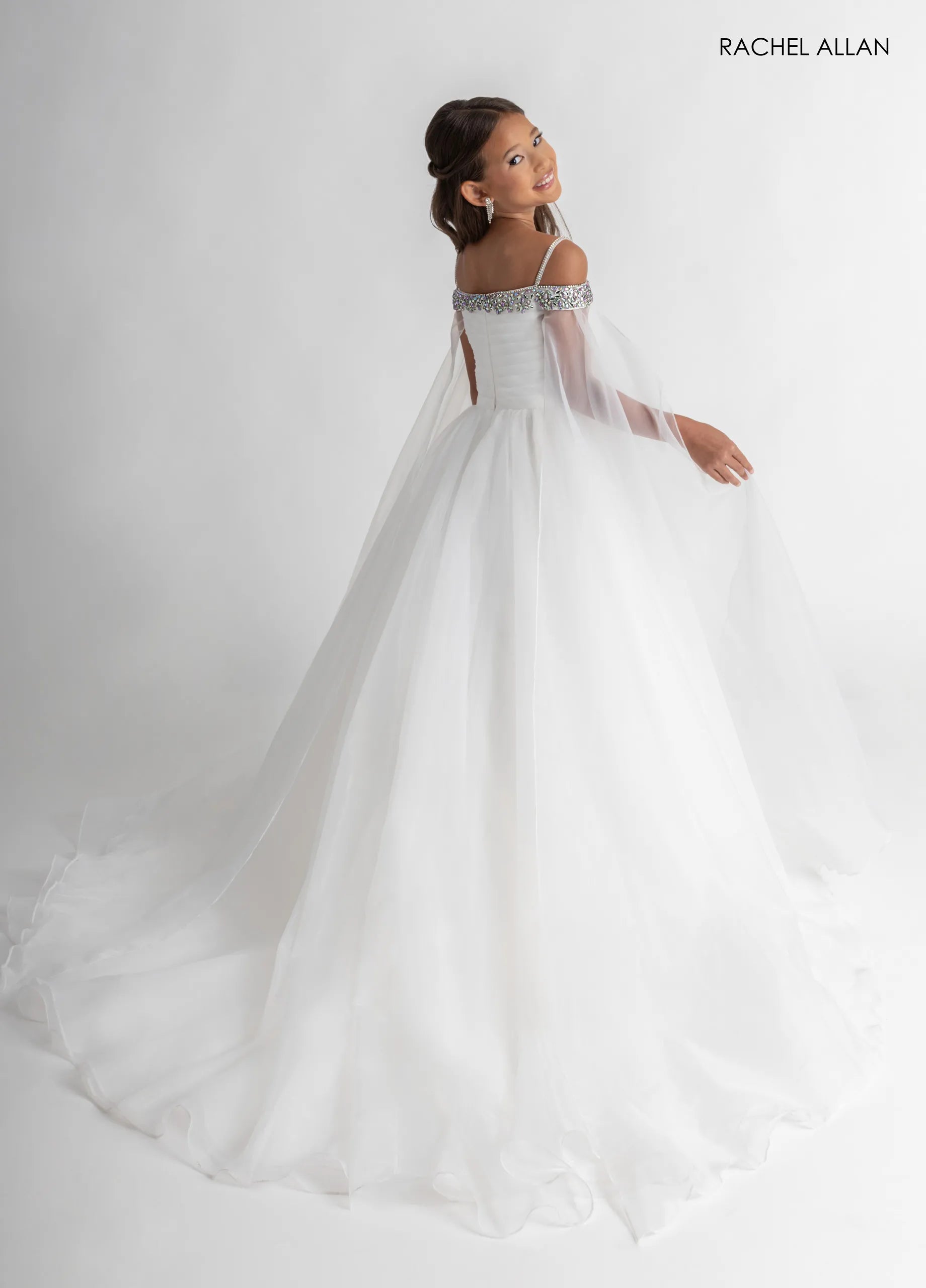 White Multi Off-the-Shoulder Floor-Length Organza Flower Girl Pageant Dress with Beaded Capelet Rachel Allan 10331