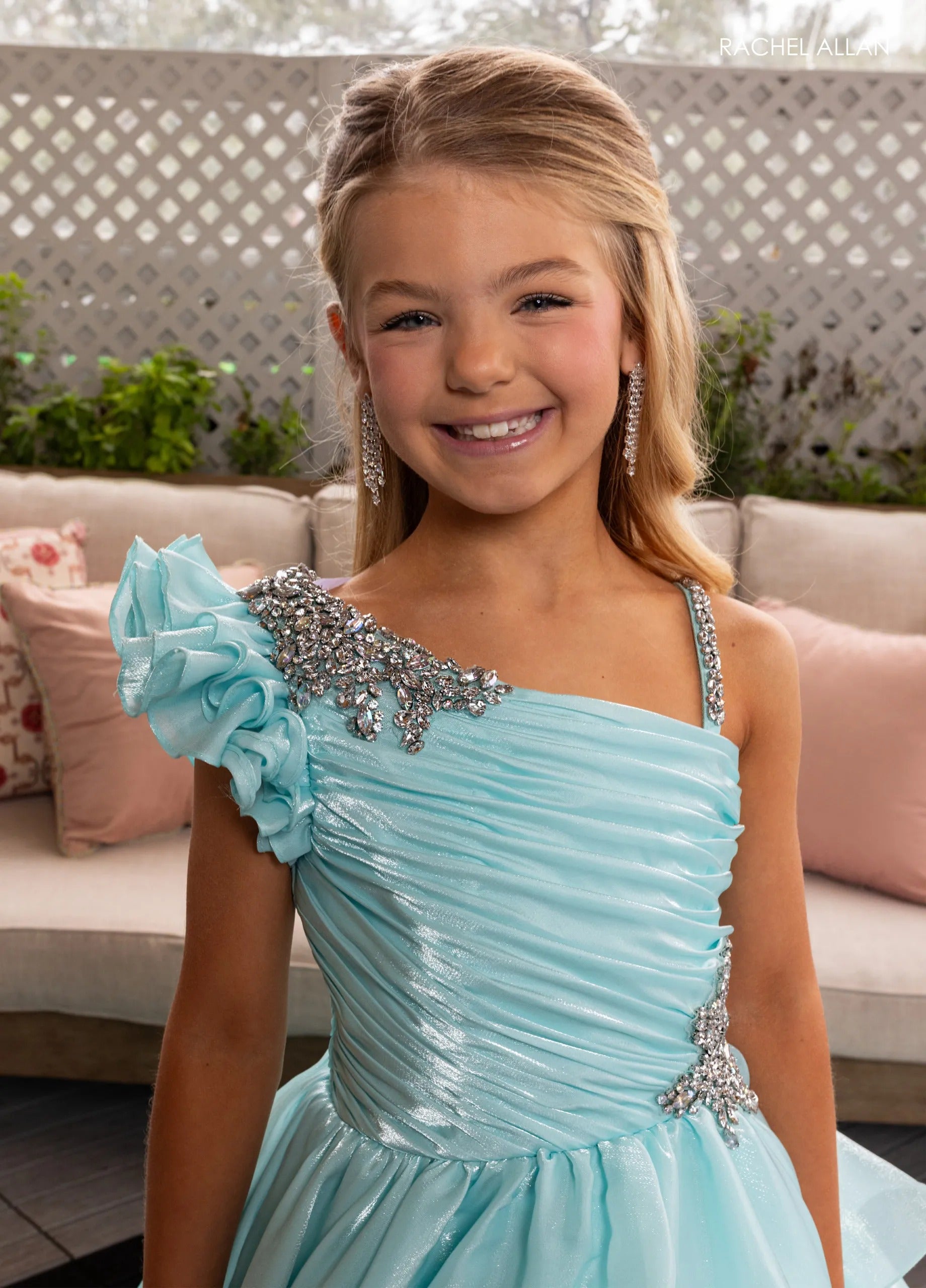 Mint One-Shoulder Floor-Length Crystal Organza Pageant Ball Gown with Floral Appliqué Rachel Allan 10281