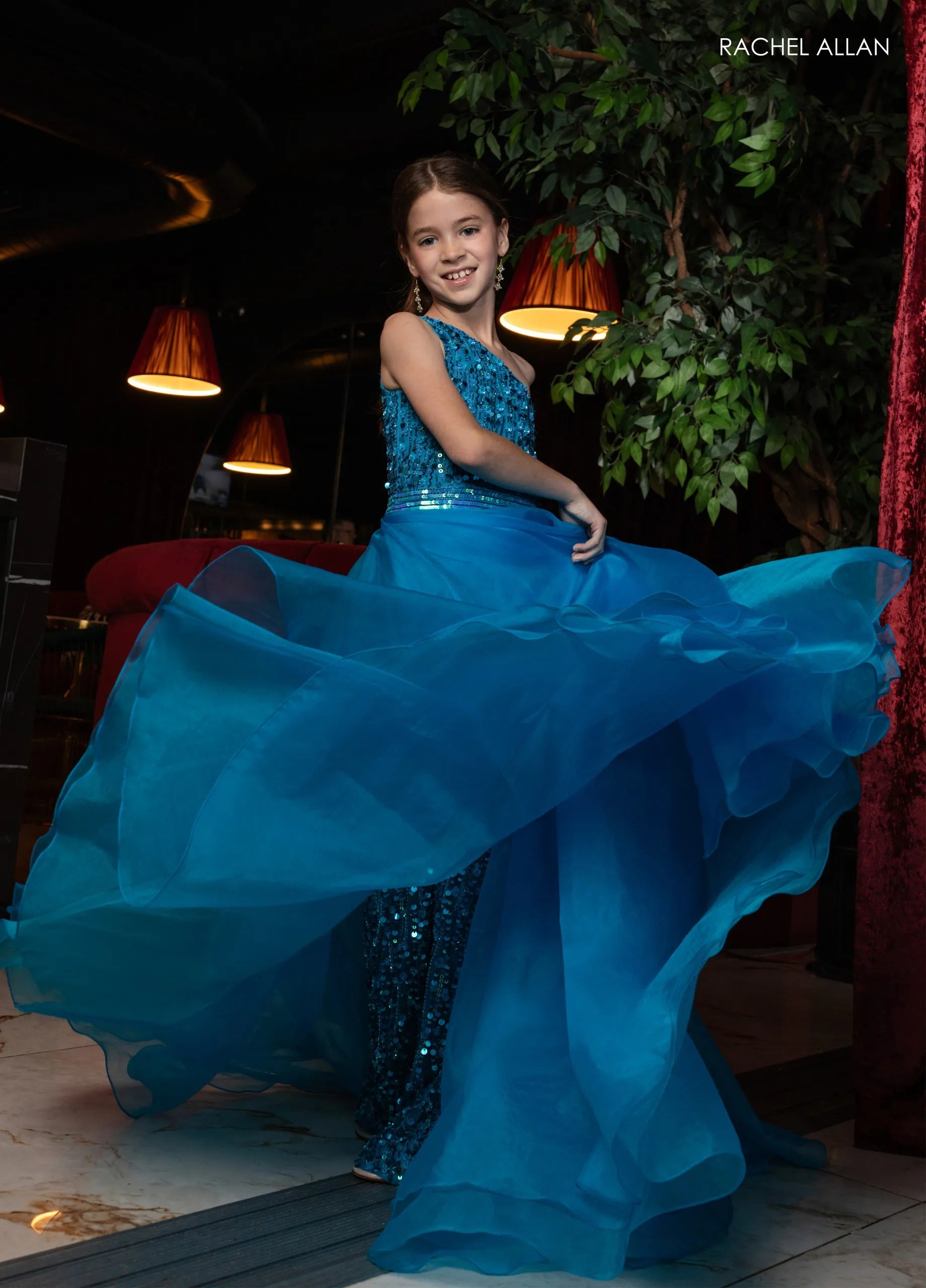 Ocean One-Shoulder Floor-Length Beaded Pageant Jumpsuit with Organza Overskirt Rachel Allan 10290