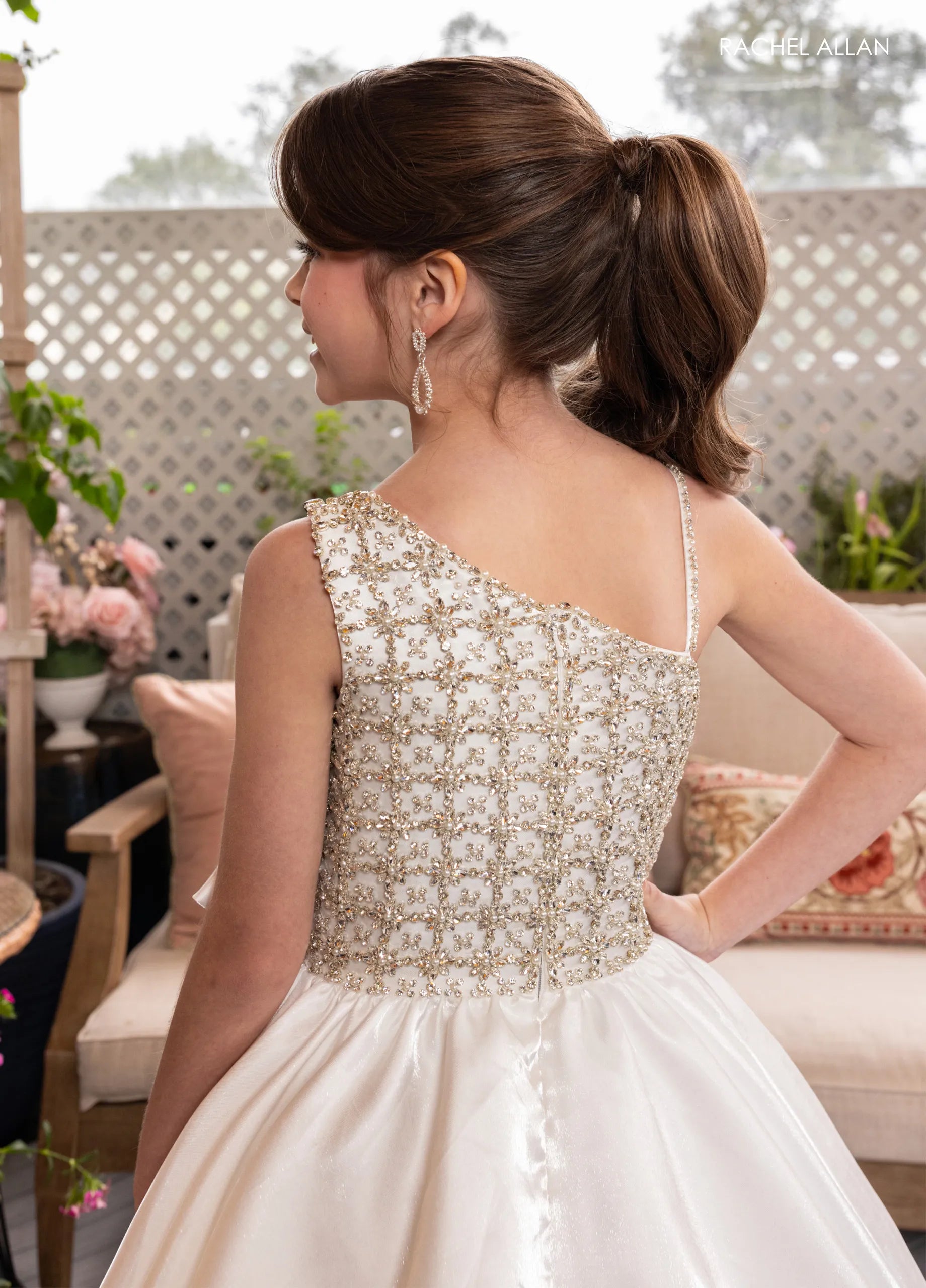 White One-Shoulder Floor-Length Shimmer Satin Flower Girl Dress with Beaded Bodice and Side Bow Rachel Allan 10298