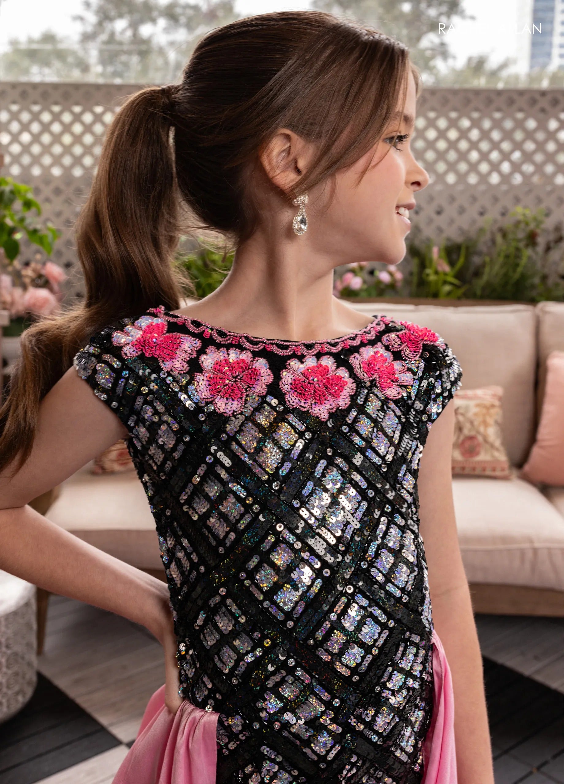 Black Pink Bateau Floor-Length Stretch Tulle Flower Girl Jumpsuit with Detachable Taffeta Skirt Rachel Allan 10276