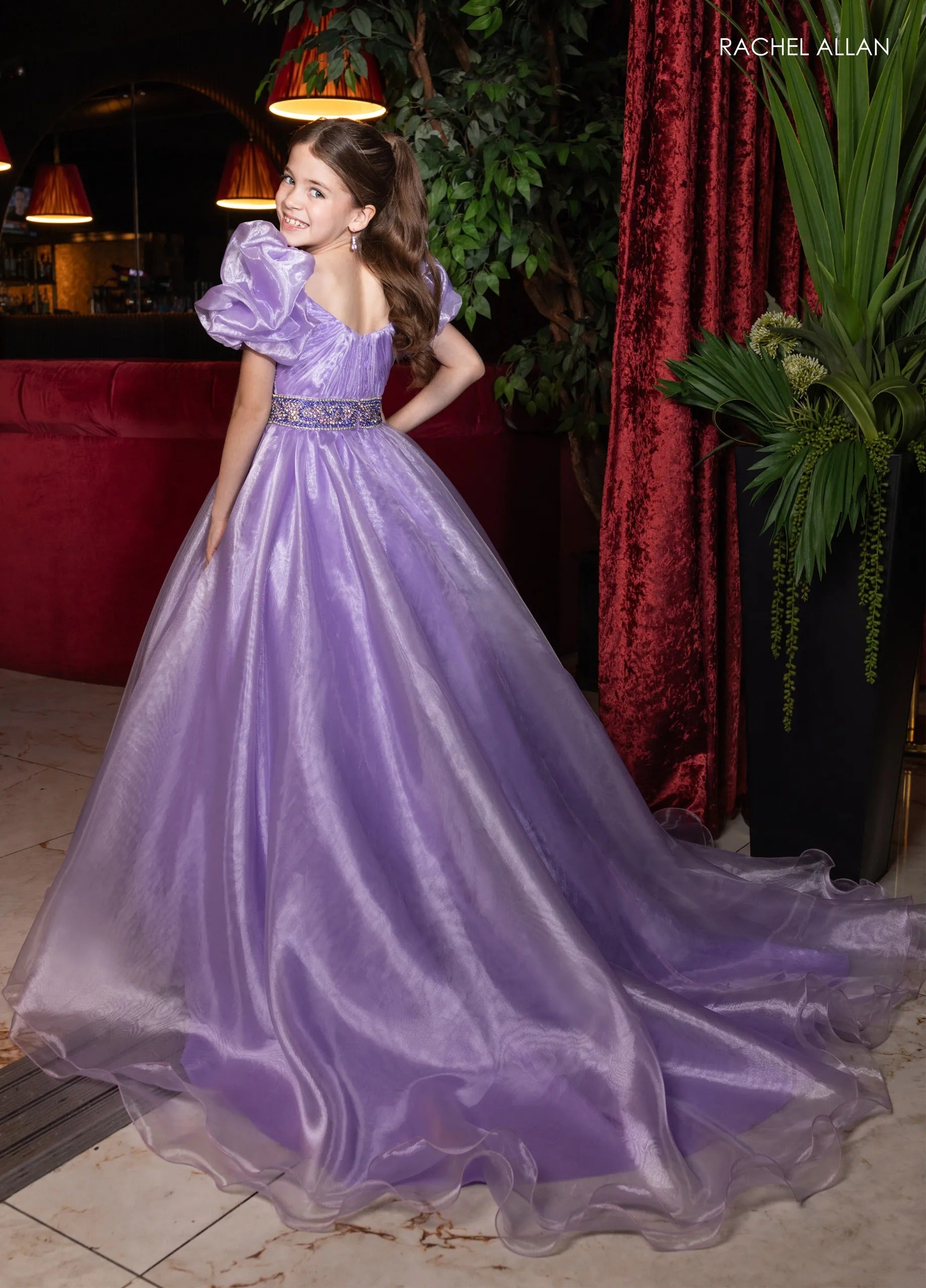 Lilac Sweetheart Floor-Length Organza Flower Girl Ball Gown with Voluminous Puff Sleeves Rachel Allan 10275