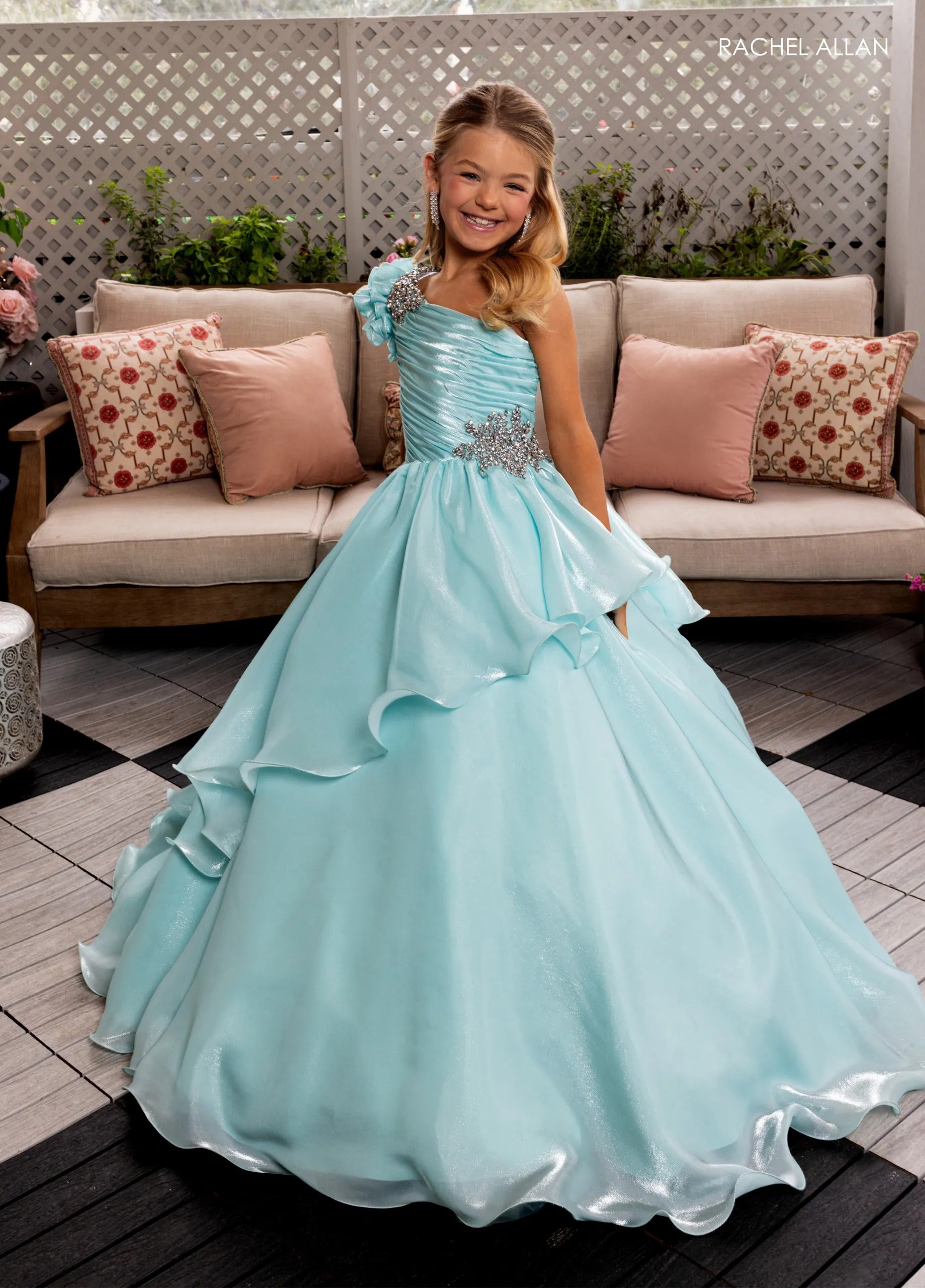 Mint One-Shoulder Floor-Length Crystal Organza Pageant Ball Gown with Floral Appliqué Rachel Allan 10281