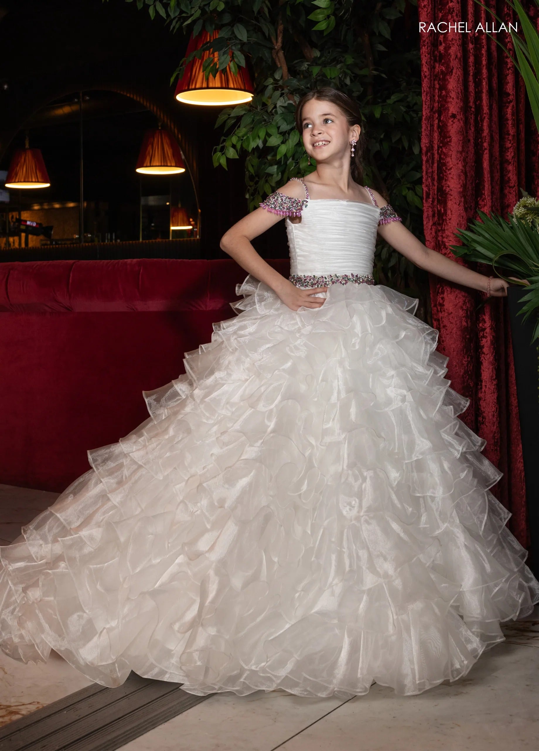 White Multi Off-the-Shoulder Floor-Length Shimmering Organza Pageant Ball Gown with Crystal Straps Rachel Allan 10293