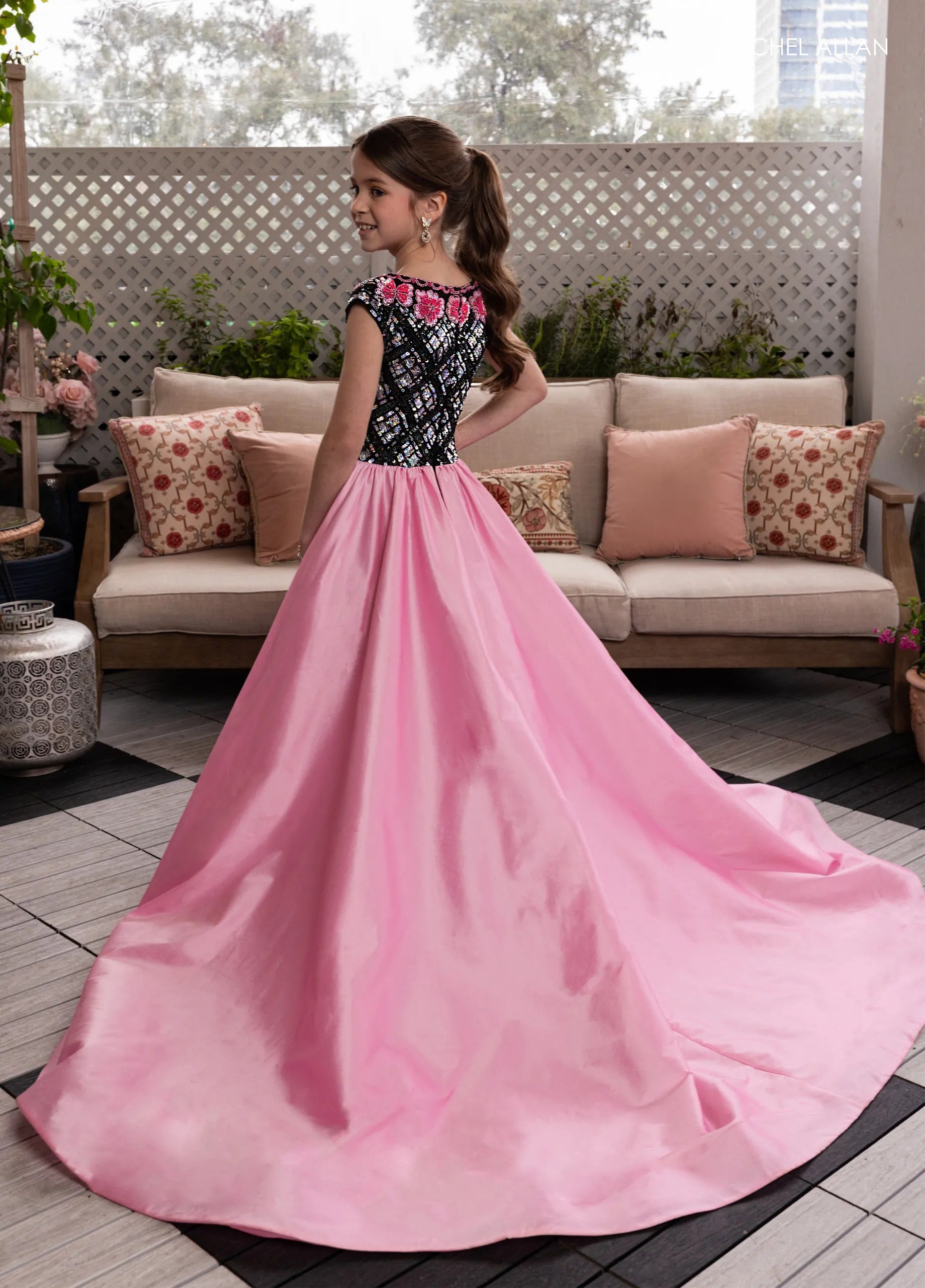 Black Pink Bateau Floor-Length Stretch Tulle Flower Girl Jumpsuit with Detachable Taffeta Skirt Rachel Allan 10276