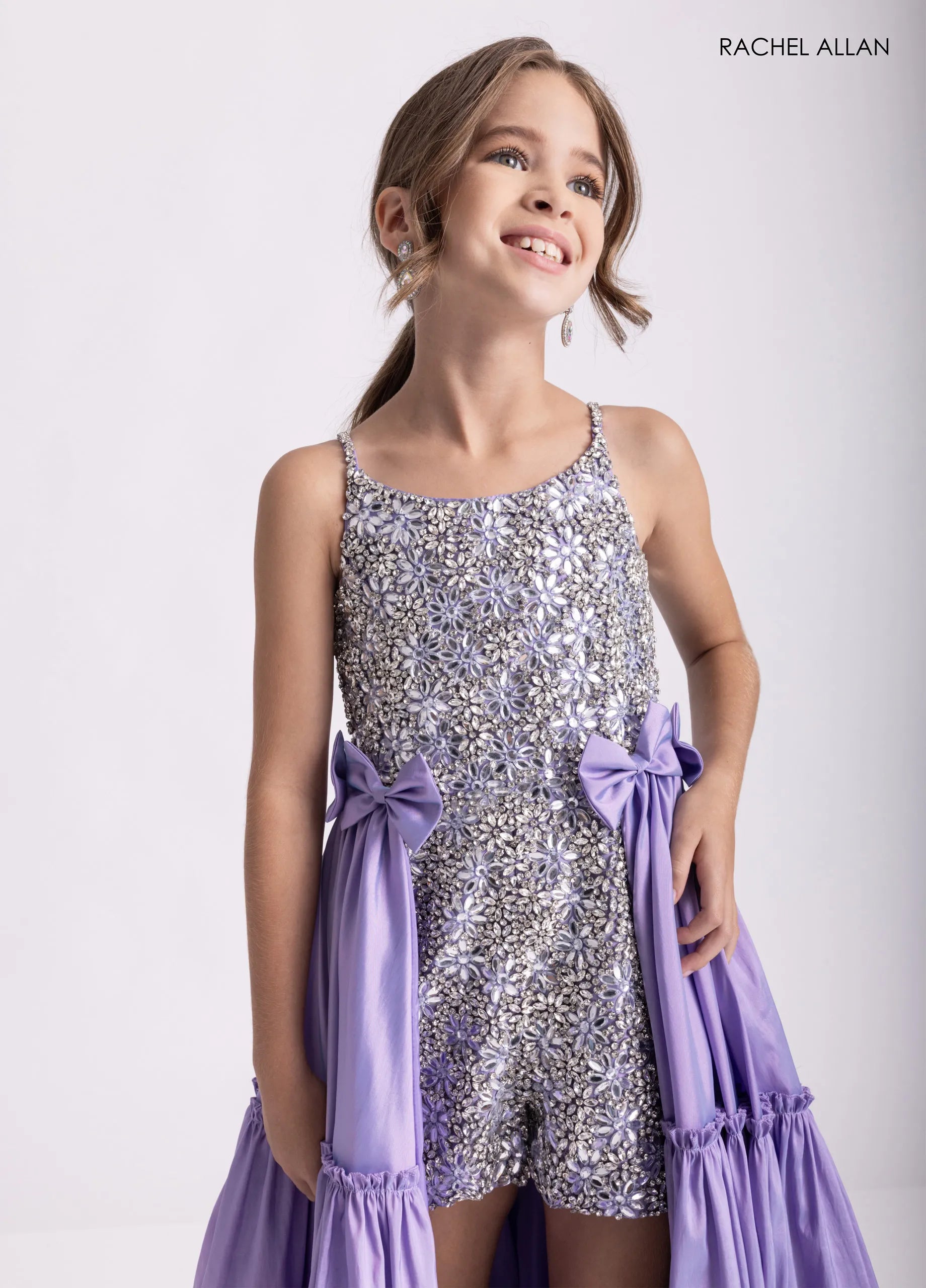 Lilac Scoop Neck Floor-Length Sequin Pageant Romper with Ruffled Overskirt Rachel Allan 10301