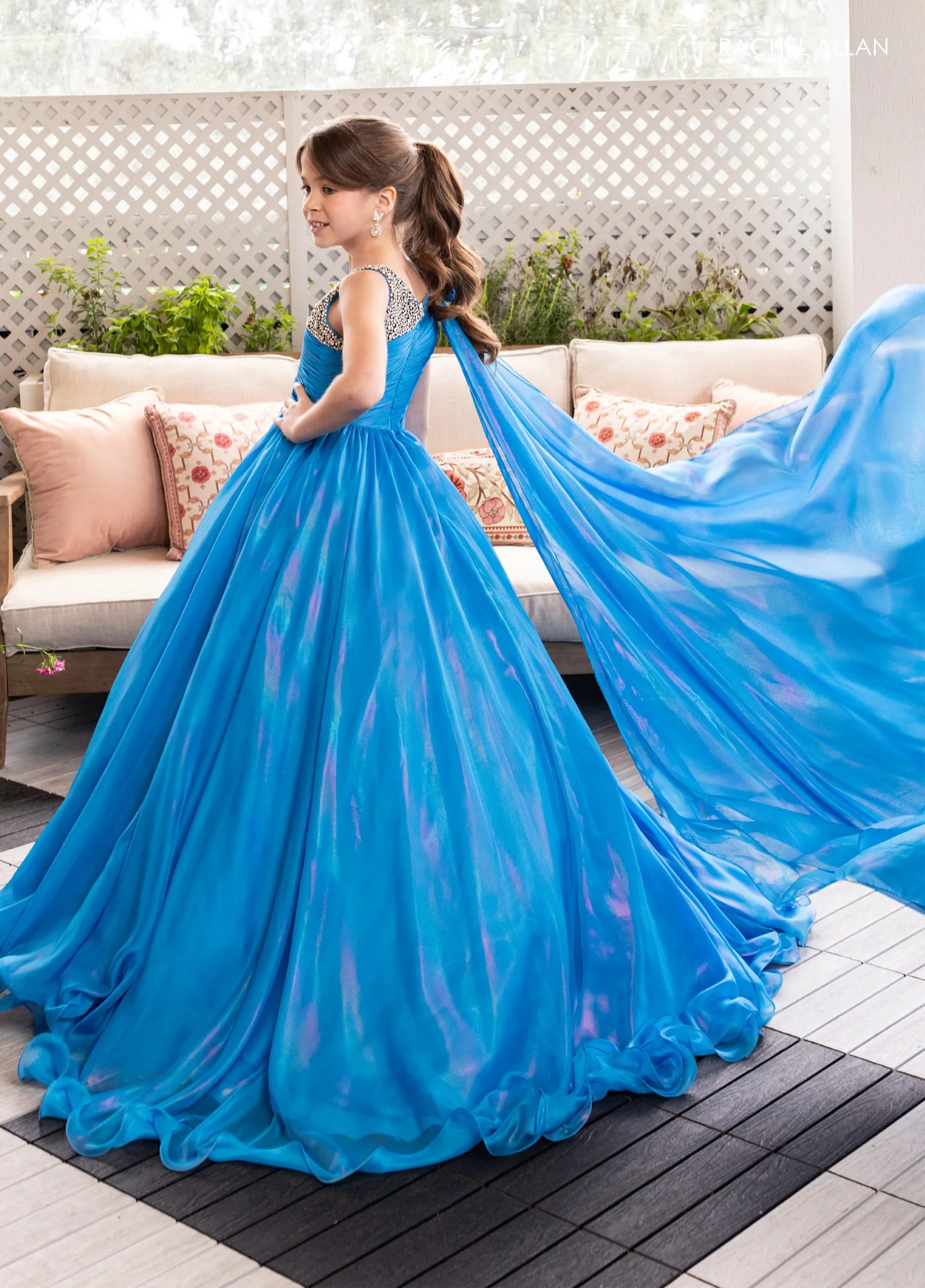 Turquoise One-Shoulder Floor-Length Organza Flower Girl Ball Gown with Chiffon Cape Rachel Allan 10296