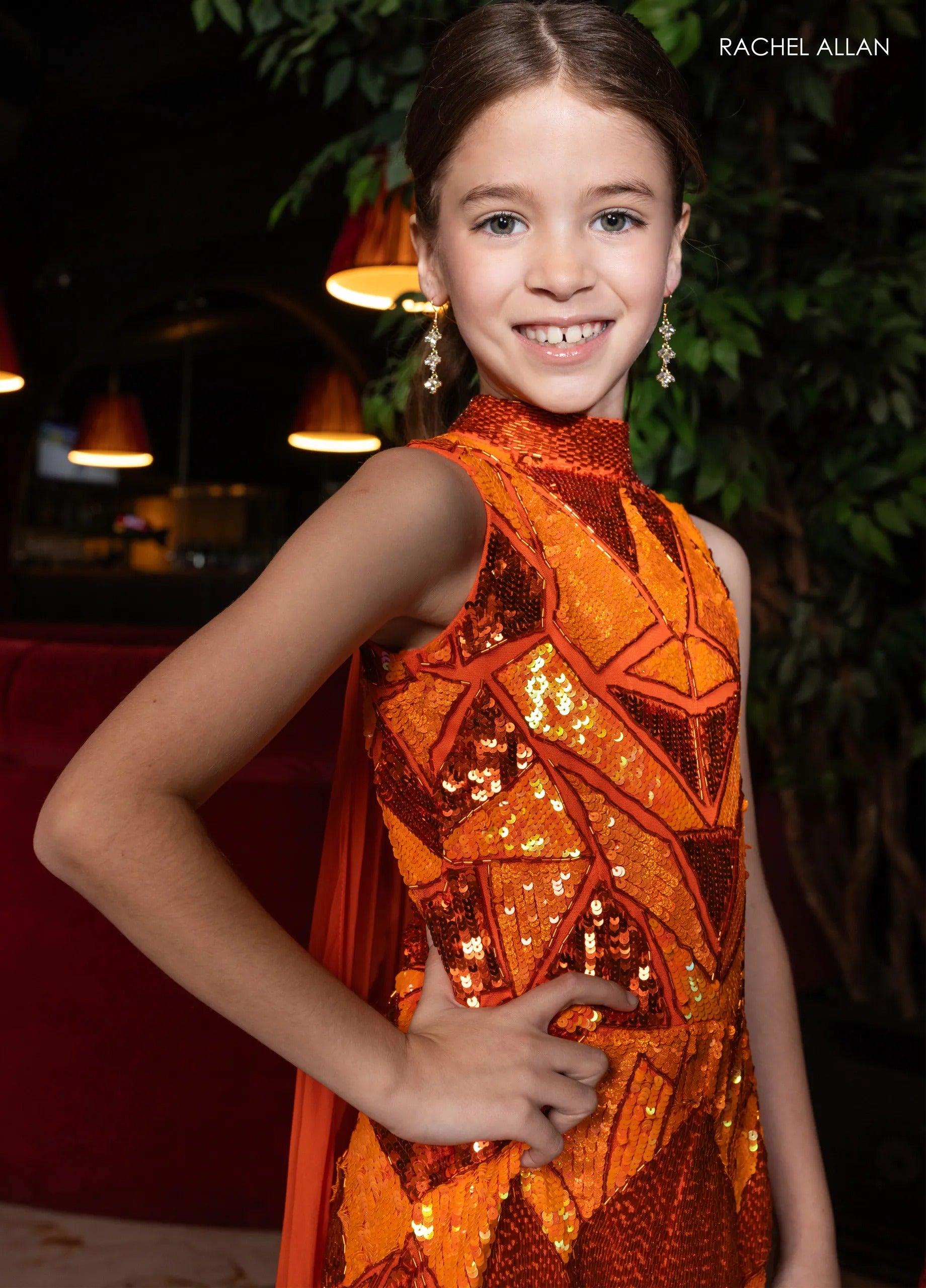 Tangerine High-Neck Short Sequin Flower Girl Romper with Chiffon Cape Rachel Allan 10282