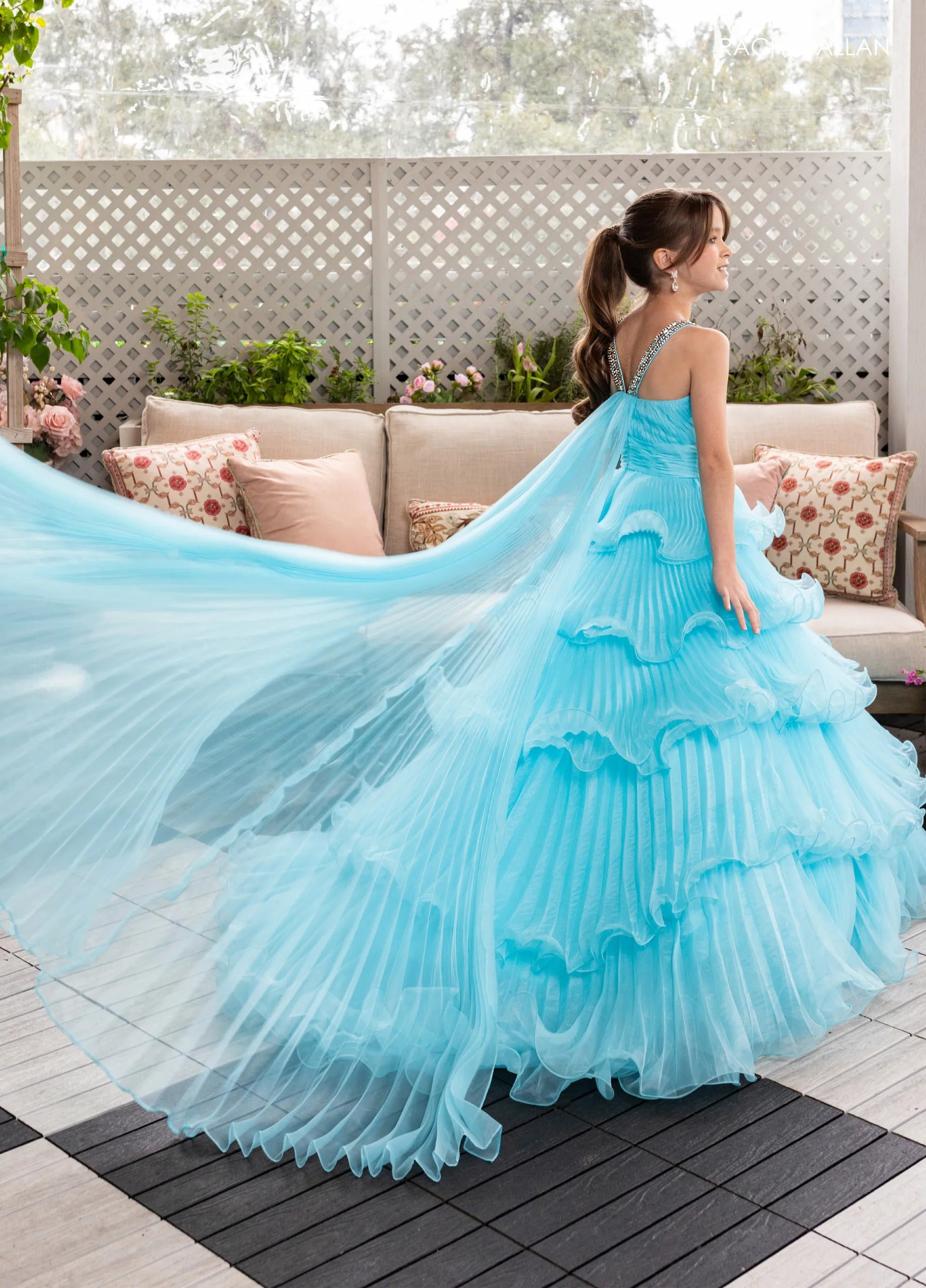 Turquoise Halter Floor-Length Pleated Organza Pageant Ball Gown with Crystal Bow Rachel Allan 10280
