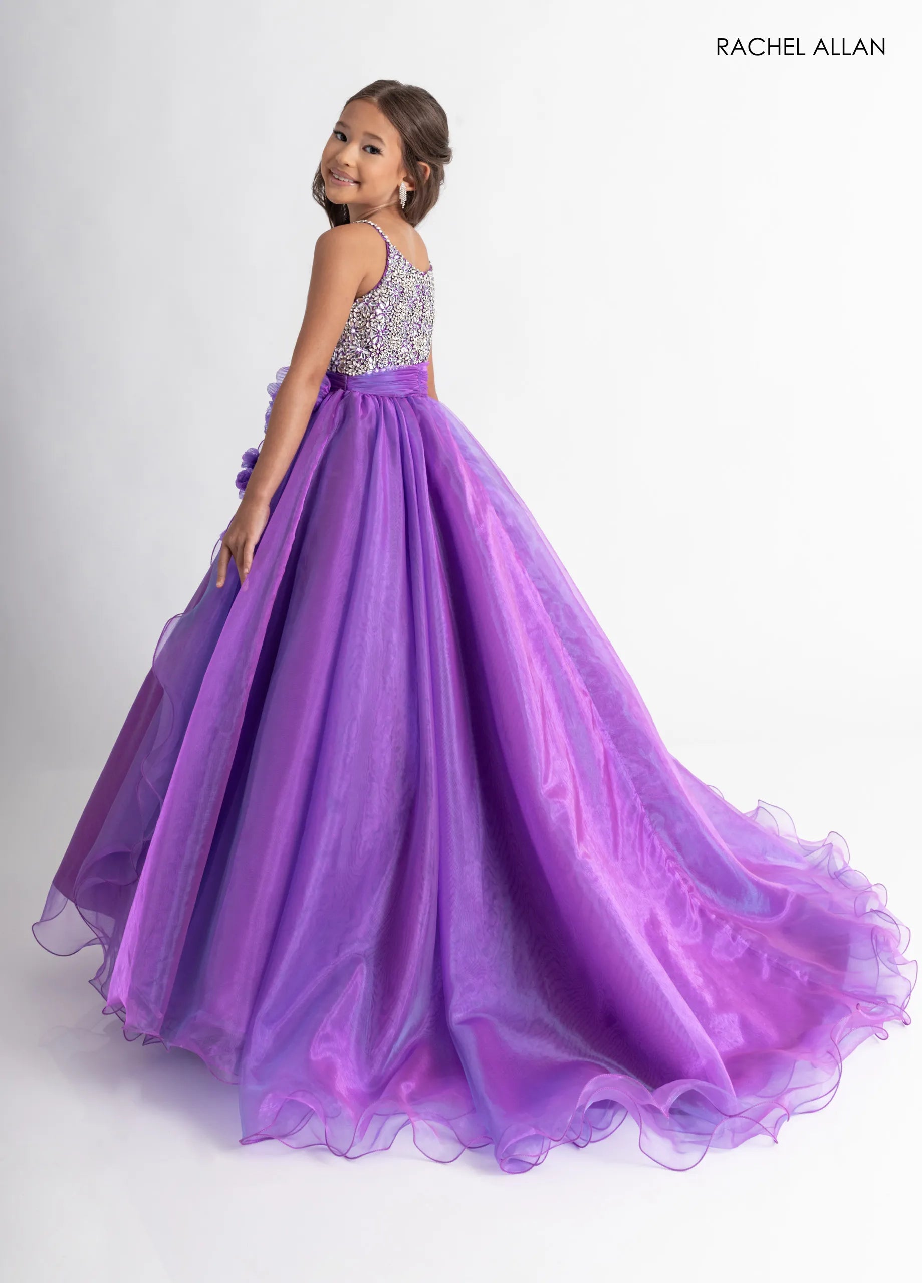 Ultraviolet Scoop-Neck Floor-Length Organza Pageant Ball Gown with Crystal-Beaded Bodice Rachel Allan 10317