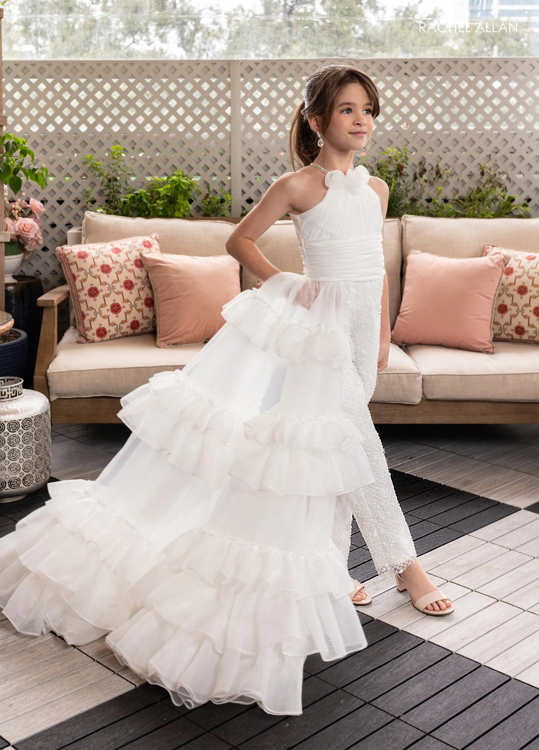 White Halter Floor-Length Organza Pageant Jumpsuit with Detachable Ruffle Train Rachel Allan 10278