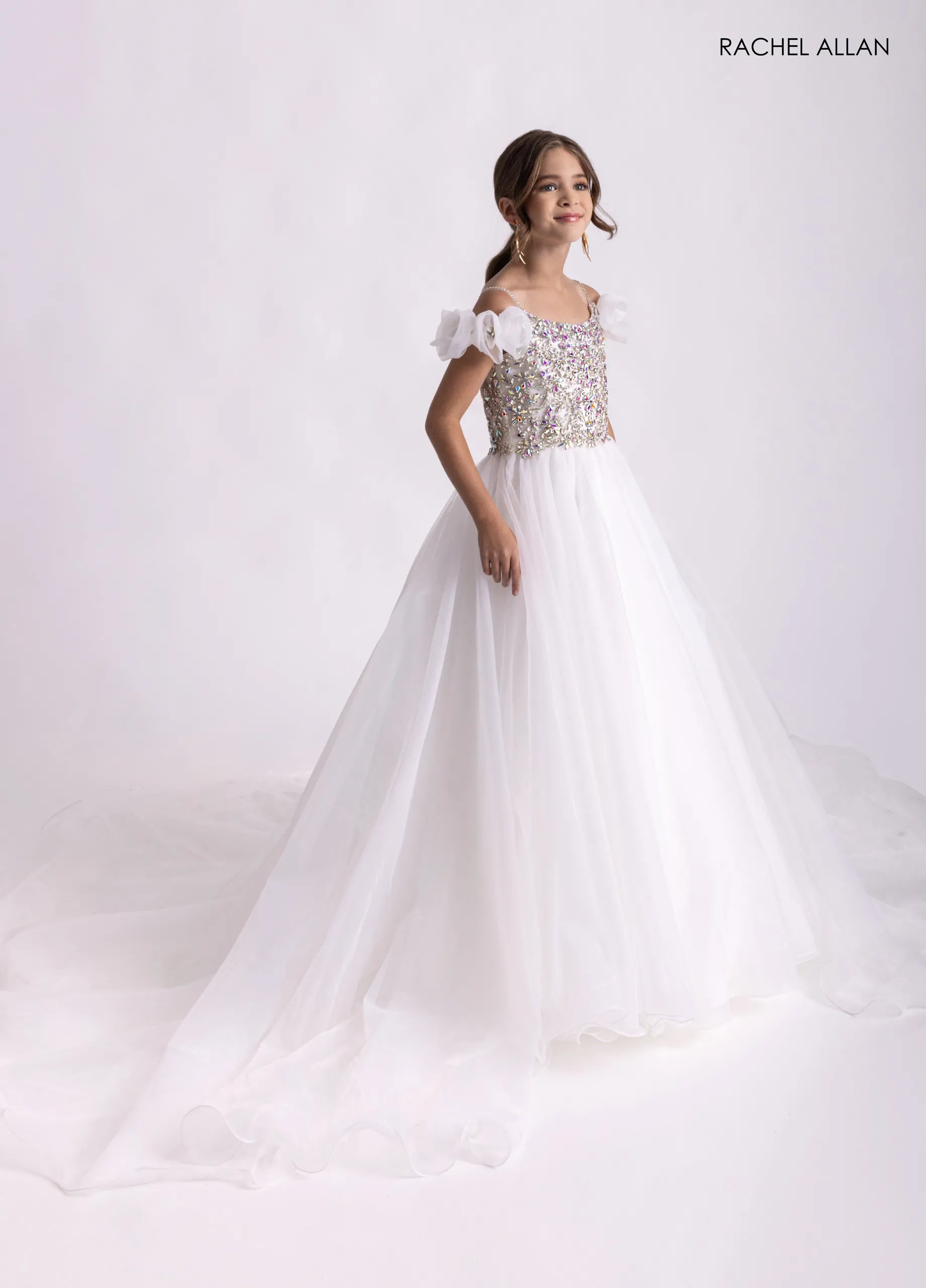 White Scoop Floor-Length Tulle Flower Girl Dress with Beaded Bodice Rachel Allan 10300