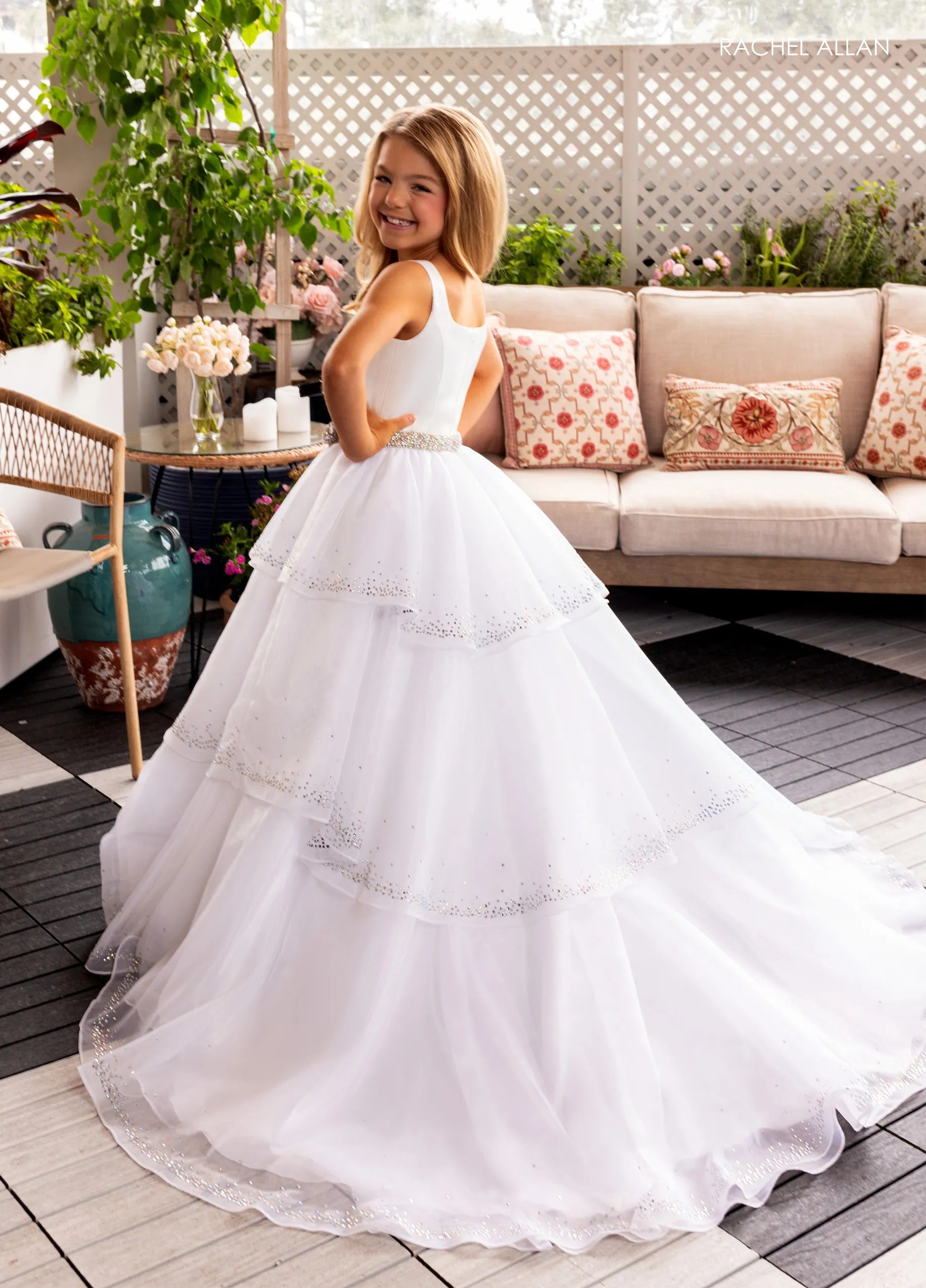 White Scoop-Neck Floor-Length Satin and Organza Flower Girl Ball Gown with Beaded Tiers Rachel Allan 10283
