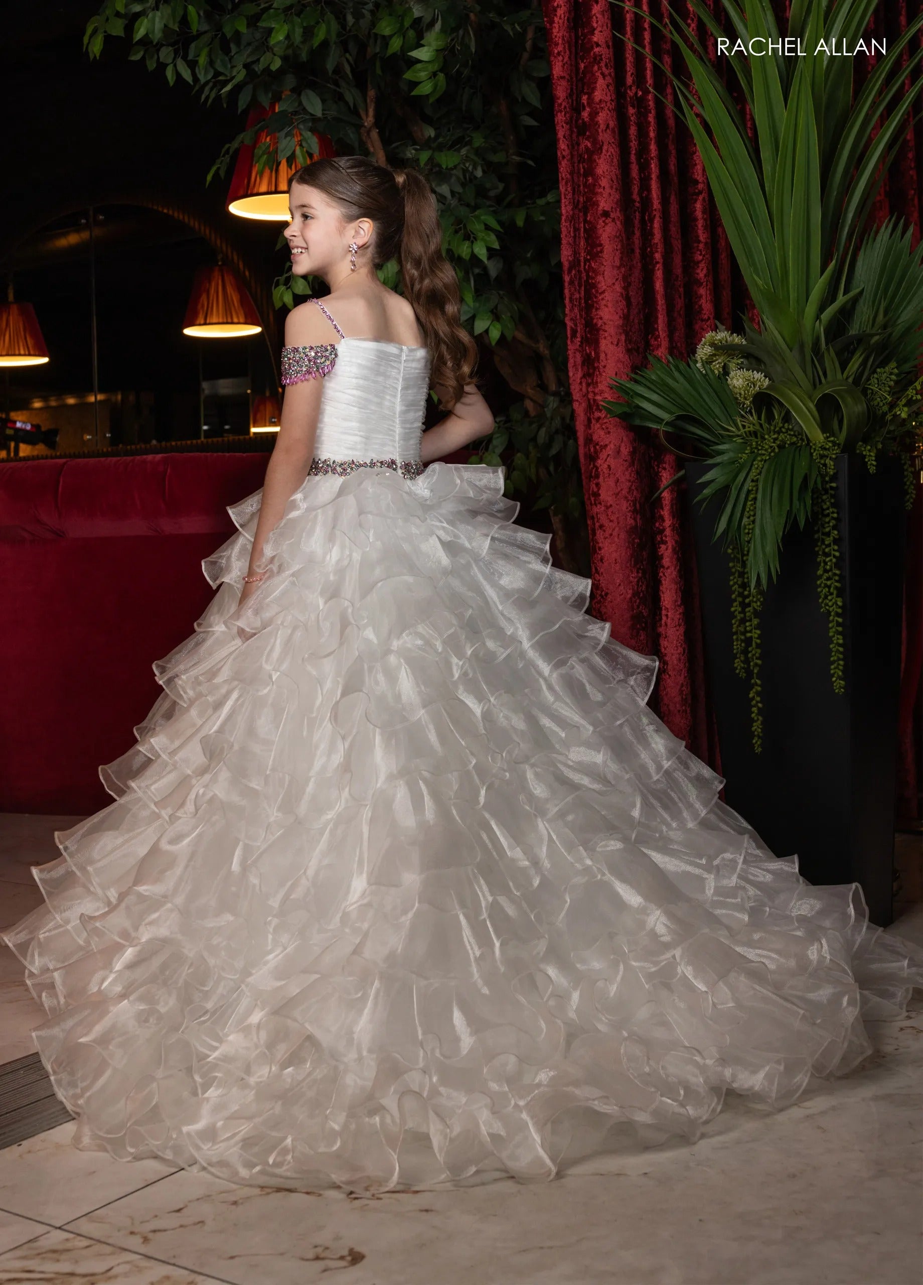 White Multi Off-the-Shoulder Floor-Length Shimmering Organza Pageant Ball Gown with Crystal Straps Rachel Allan 10293
