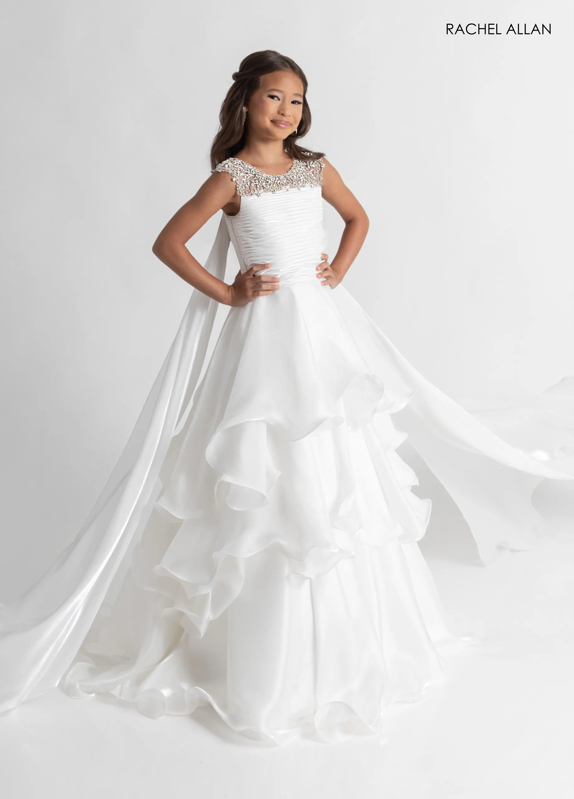 Jewel Neck Long Organza Flower Girl Dress by Rachel Allan 10310 in White