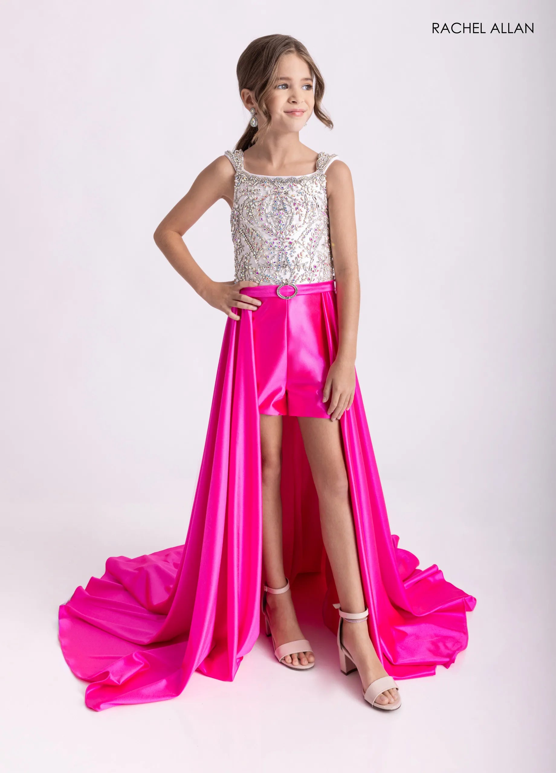 Square Neck High-Low Satin Pageant Dress by Rachel Allan 10315 in Hot Pink