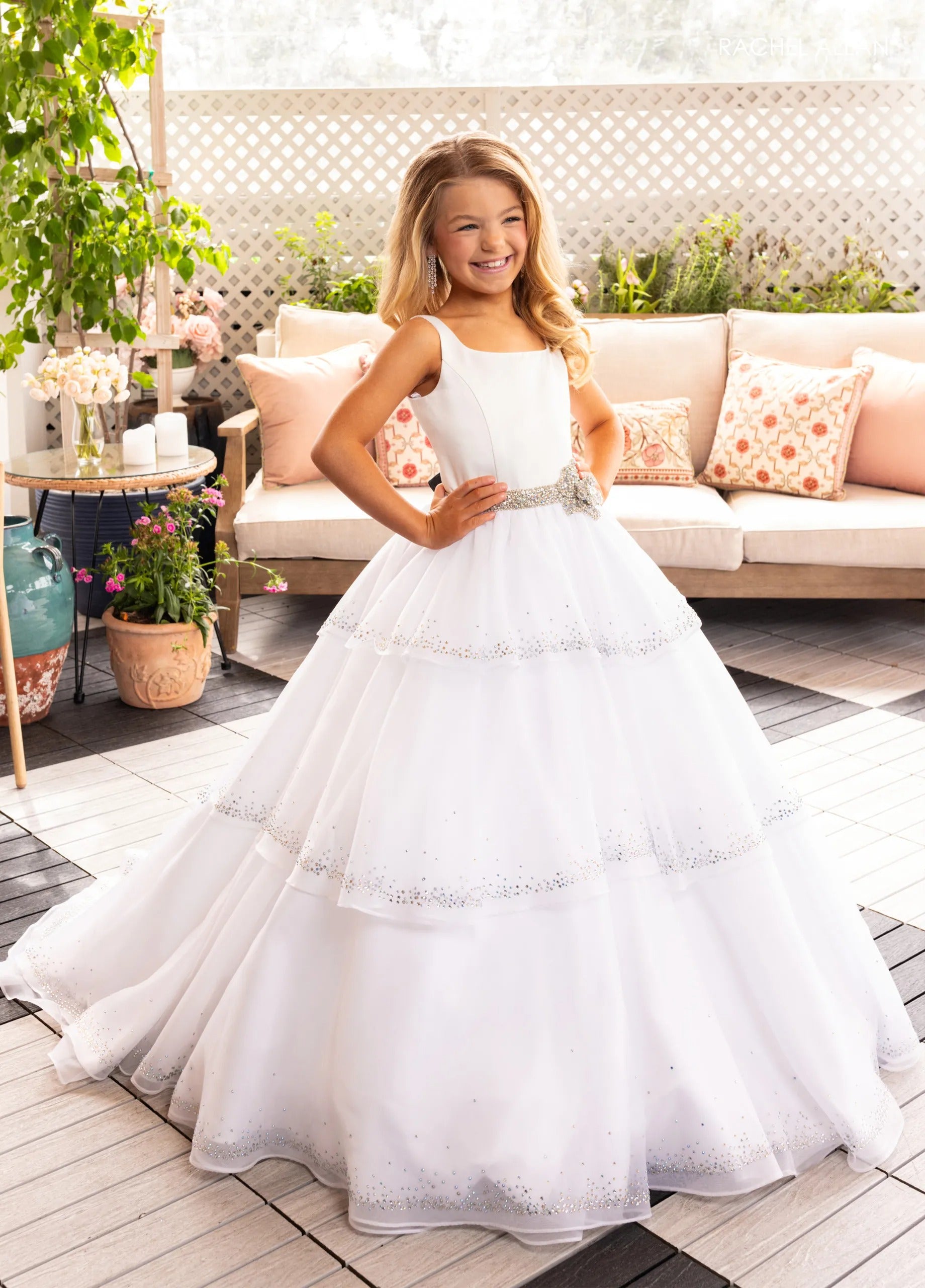 White Scoop-Neck Floor-Length Satin and Organza Flower Girl Ball Gown with Beaded Tiers Rachel Allan 10283
