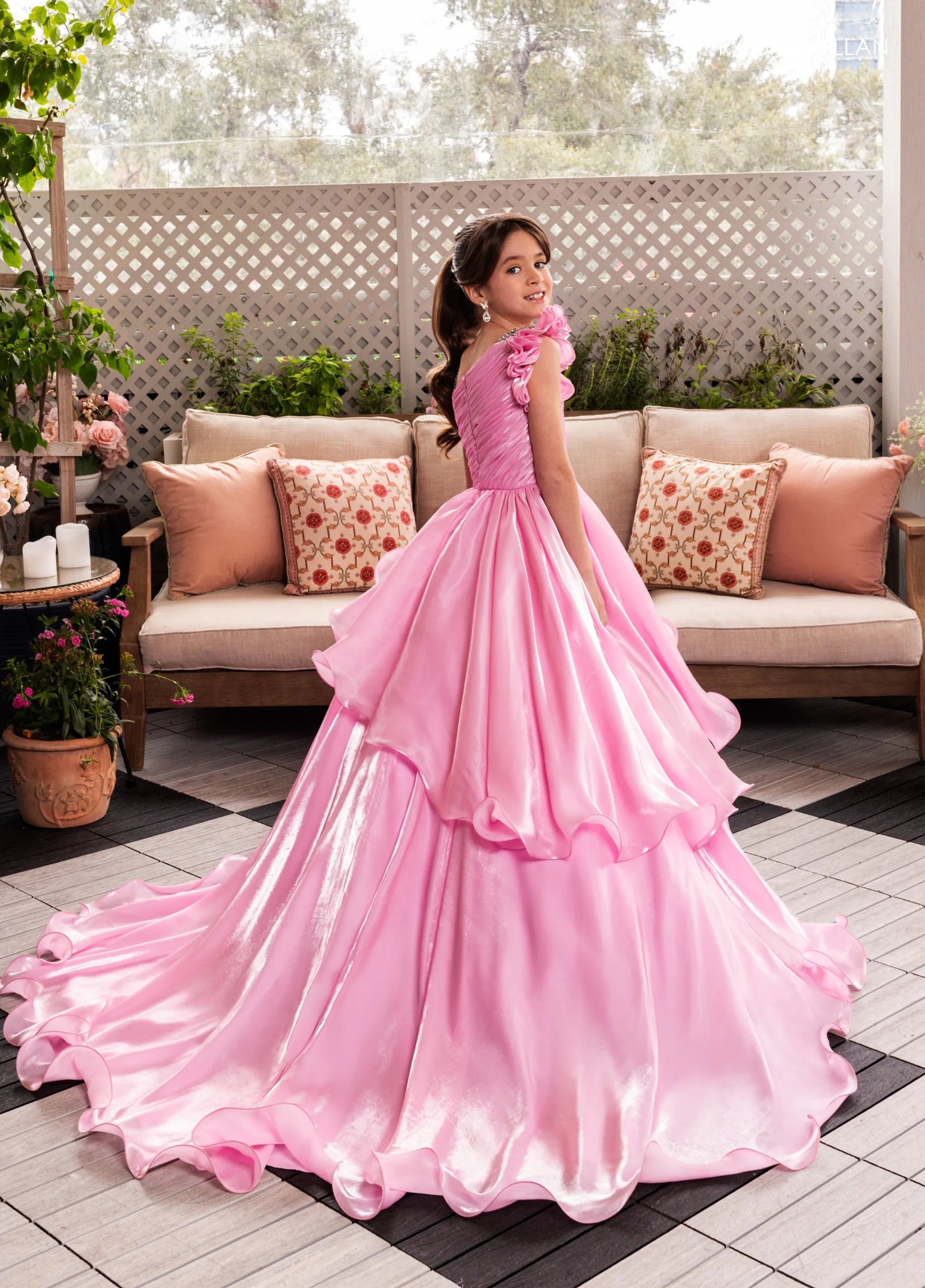 Pink One-Shoulder Floor-Length Crystal Organza Pageant Ball Gown with Floral Appliqué Rachel Allan 10281