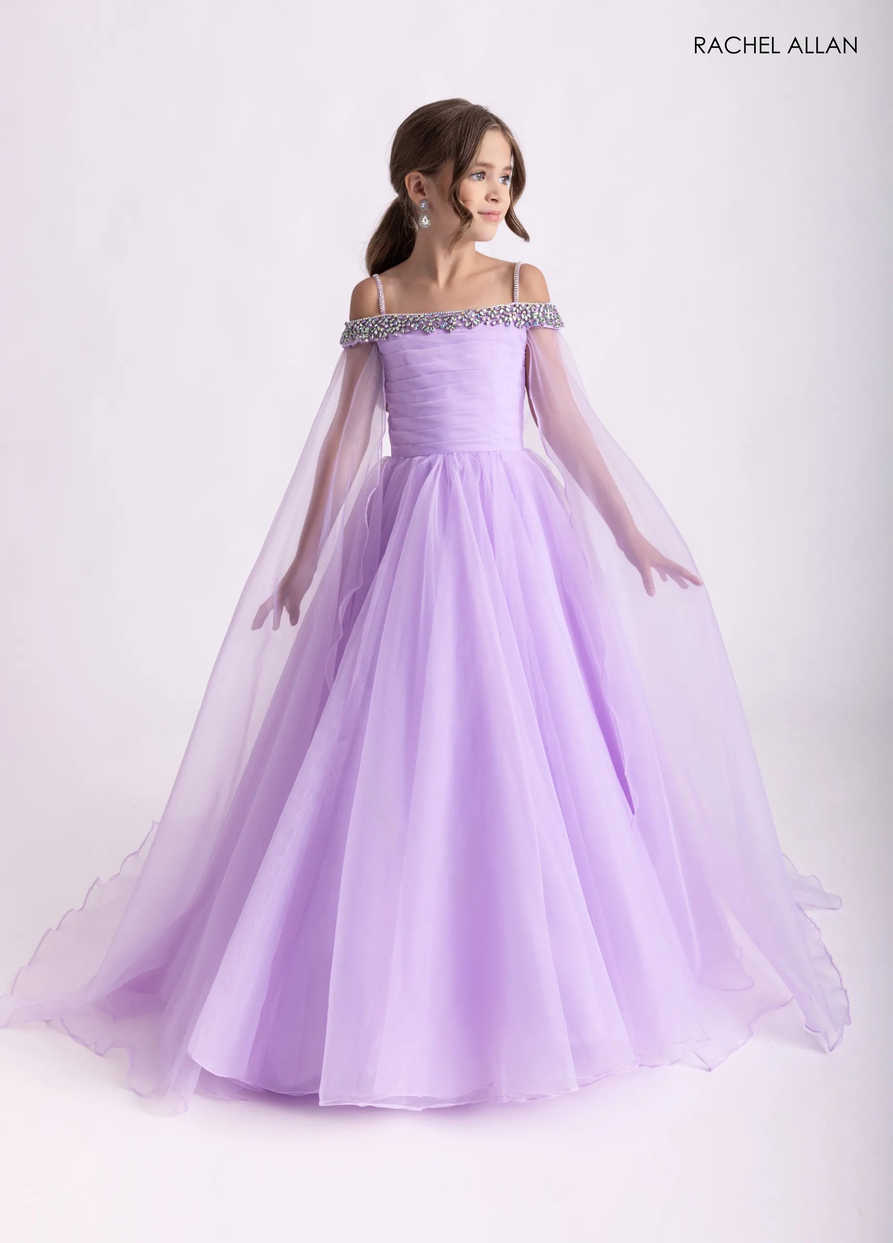 Lilac Multi Off-the-Shoulder Floor-Length Organza Flower Girl Pageant Dress with Beaded Capelet Rachel Allan 10331