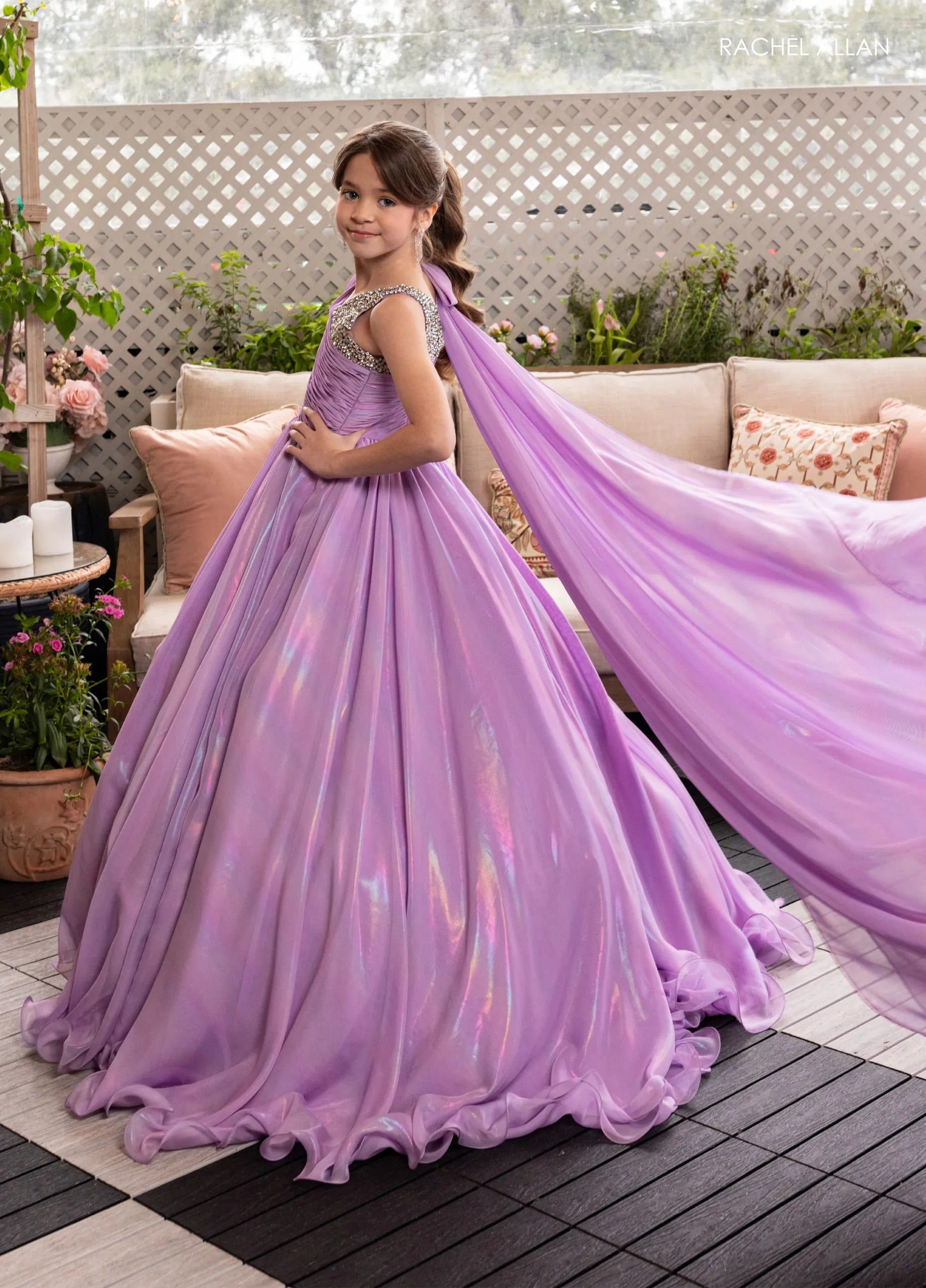Lilac One-Shoulder Floor-Length Organza Flower Girl Ball Gown with Chiffon Cape Rachel Allan 10296