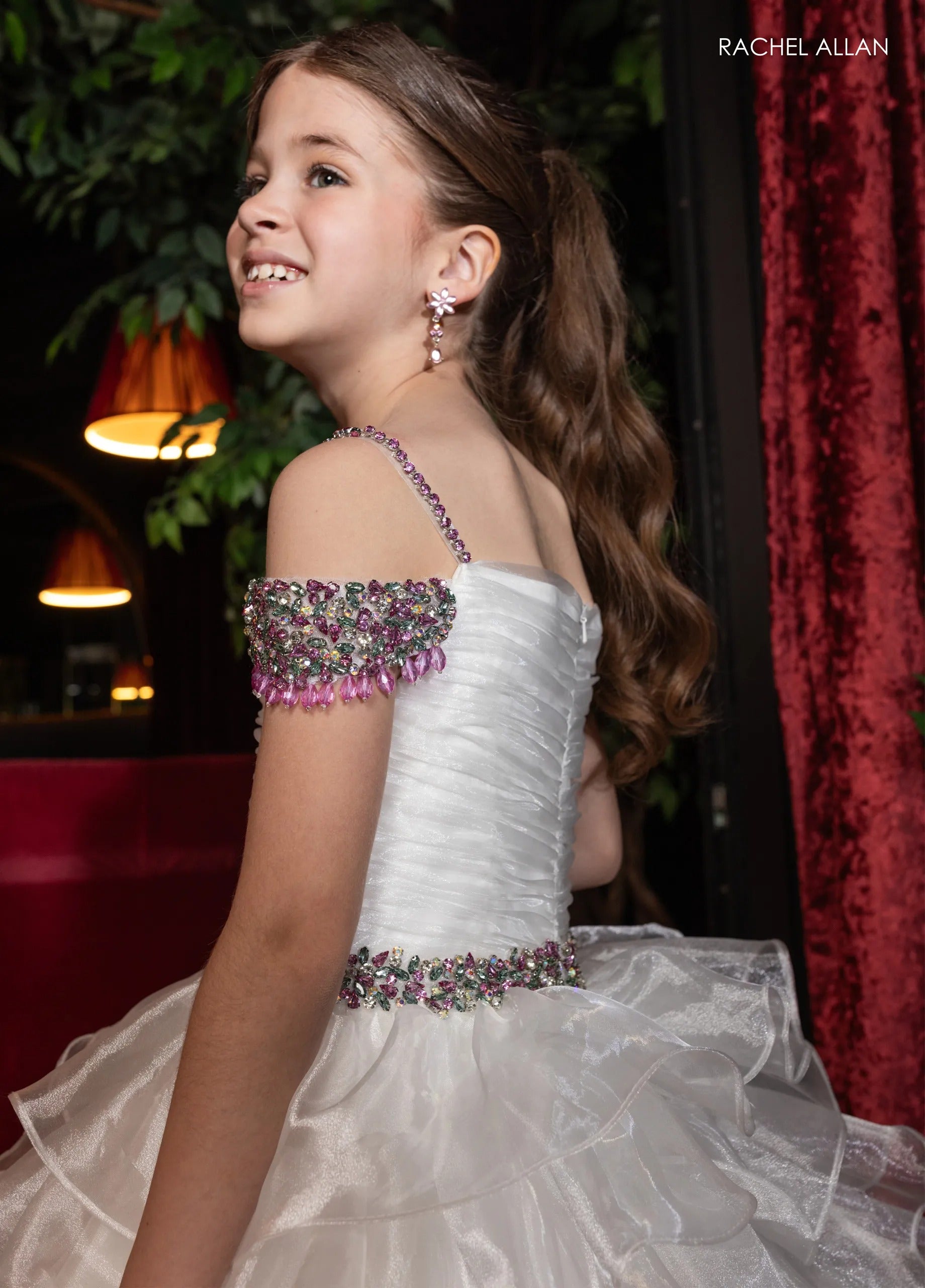 White Multi Off-the-Shoulder Floor-Length Shimmering Organza Pageant Ball Gown with Crystal Straps Rachel Allan 10293