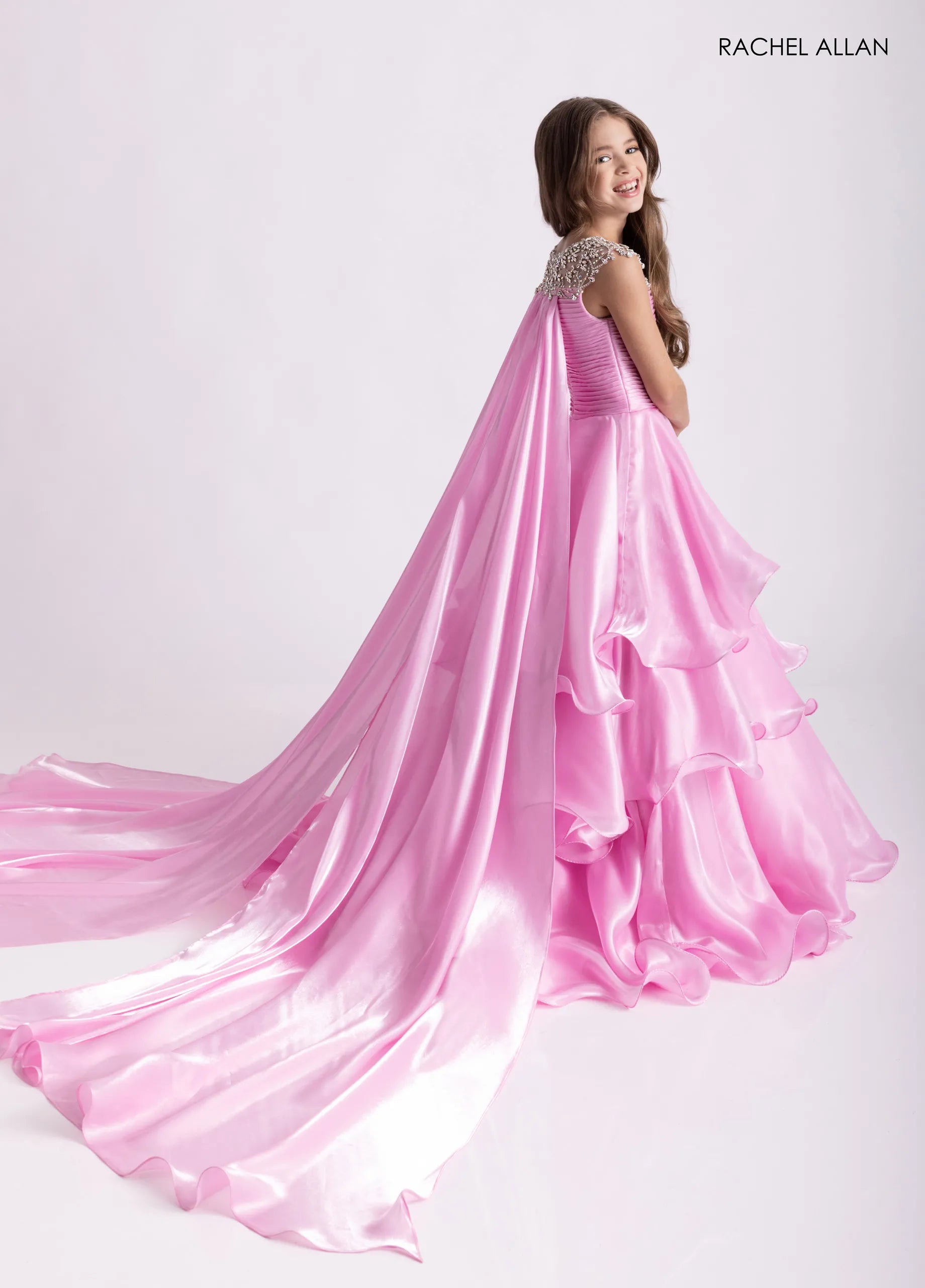 Jewel Neck Long Organza Flower Girl Dress by Rachel Allan 10310 in Pink