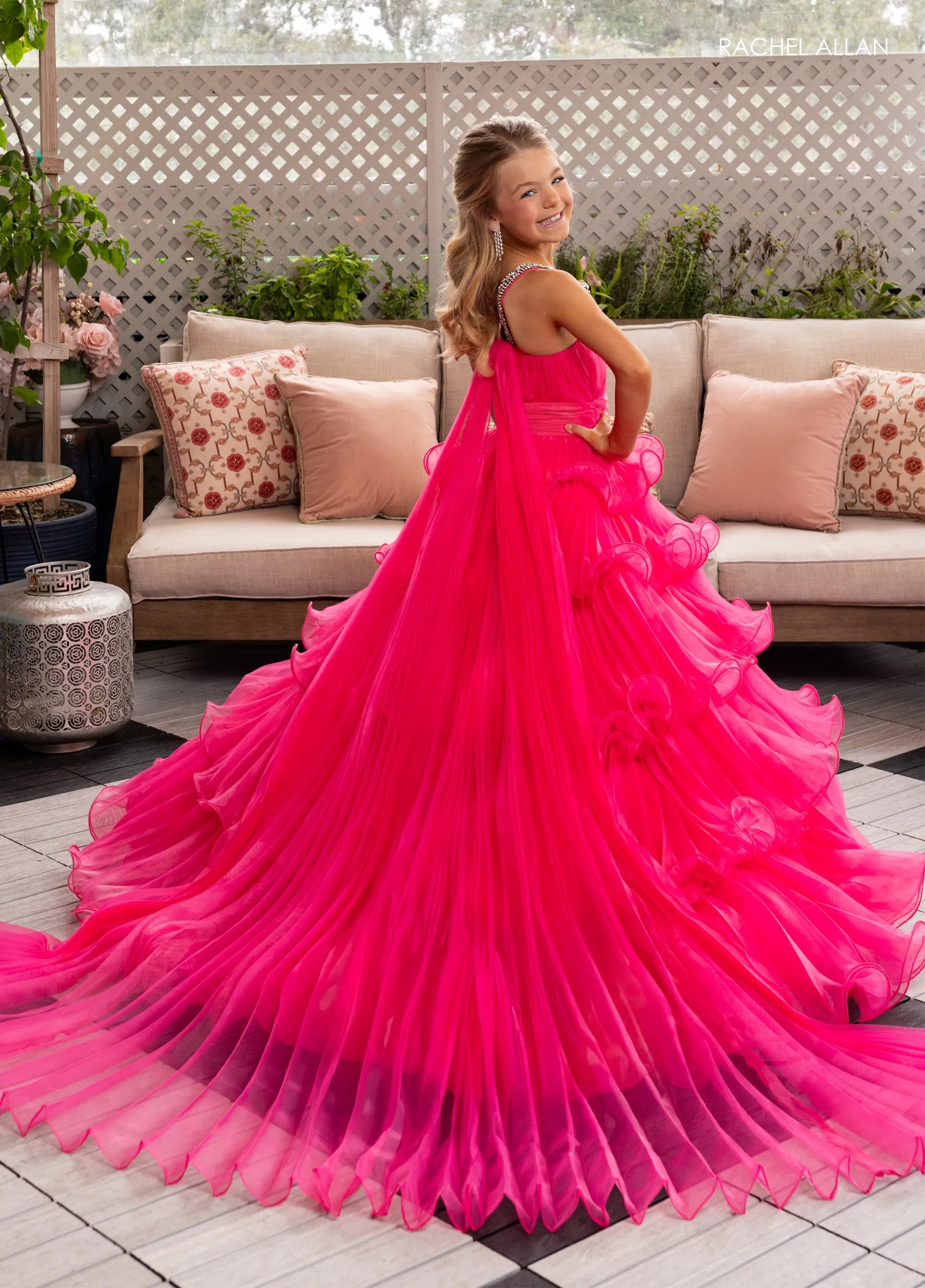 Hot Pink Halter Floor-Length Pleated Organza Pageant Ball Gown with Crystal Bow Rachel Allan 10280