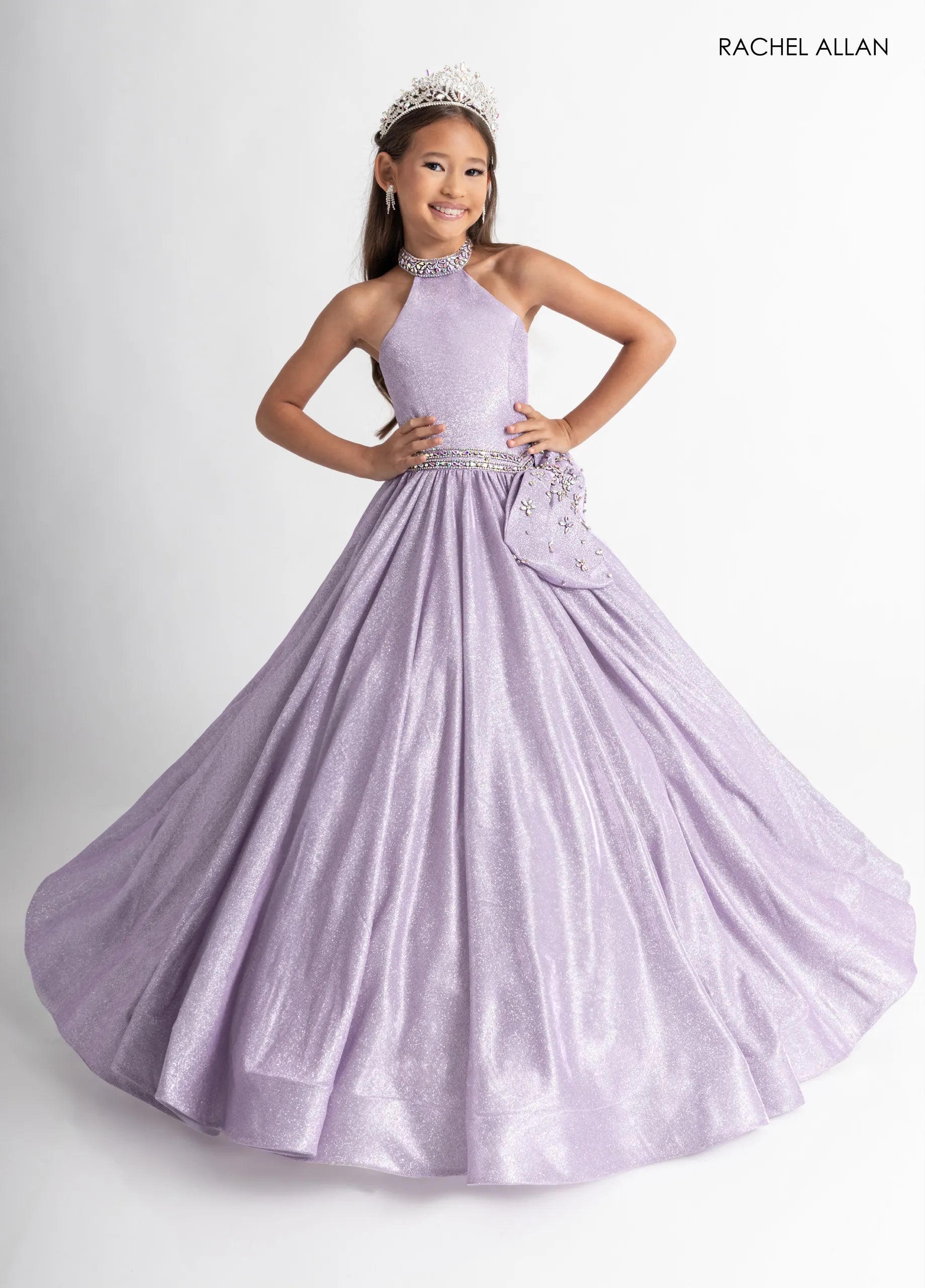 Orchid Shimmer Halter Floor-Length Shimmer Flower Girl Ball Gown with Beaded Waistband Rachel Allan 10322