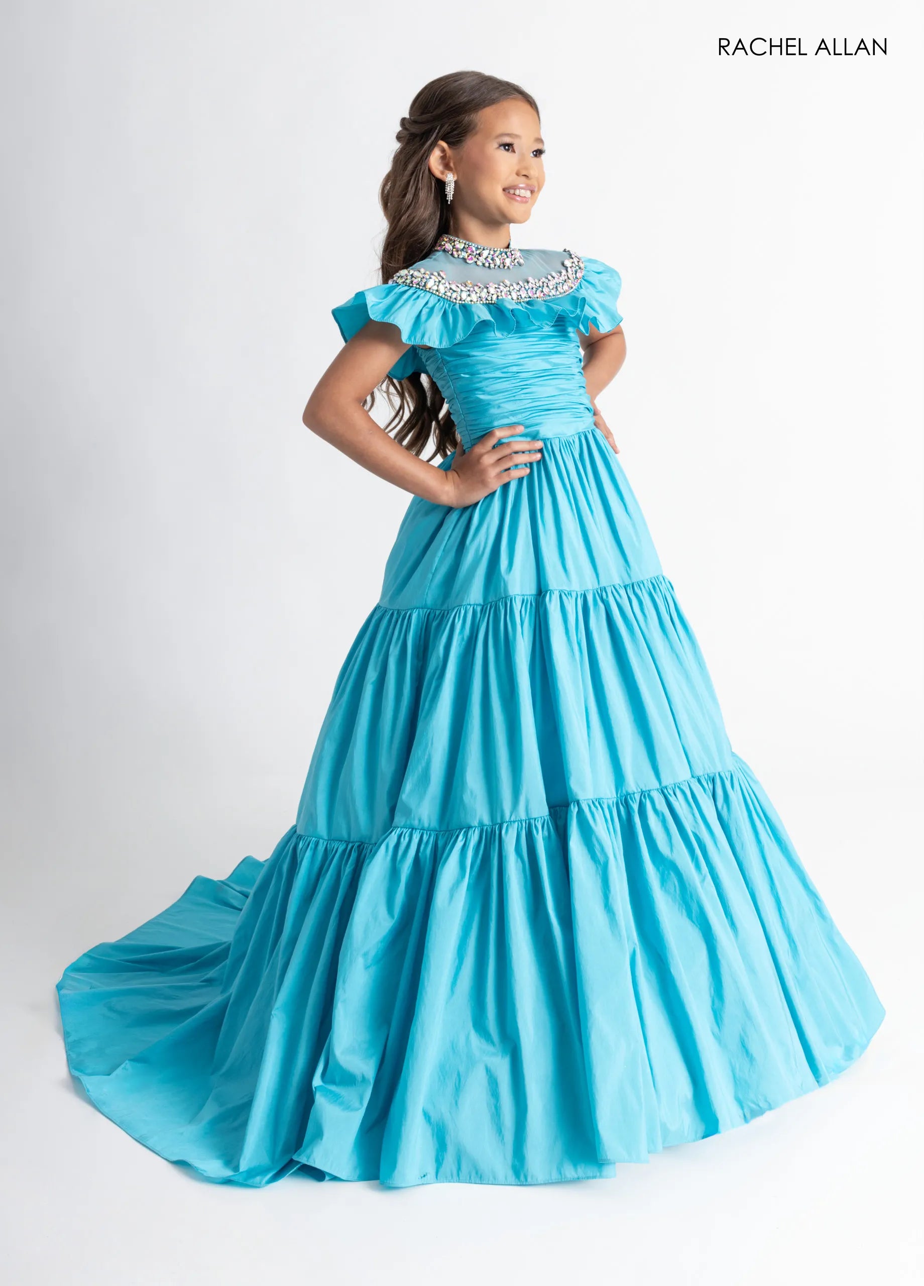 Turquoise High-Neck Floor-Length Taffeta Flower Girl Dress with Tiered Skirt and Crystal Collar Rachel Allan 10326