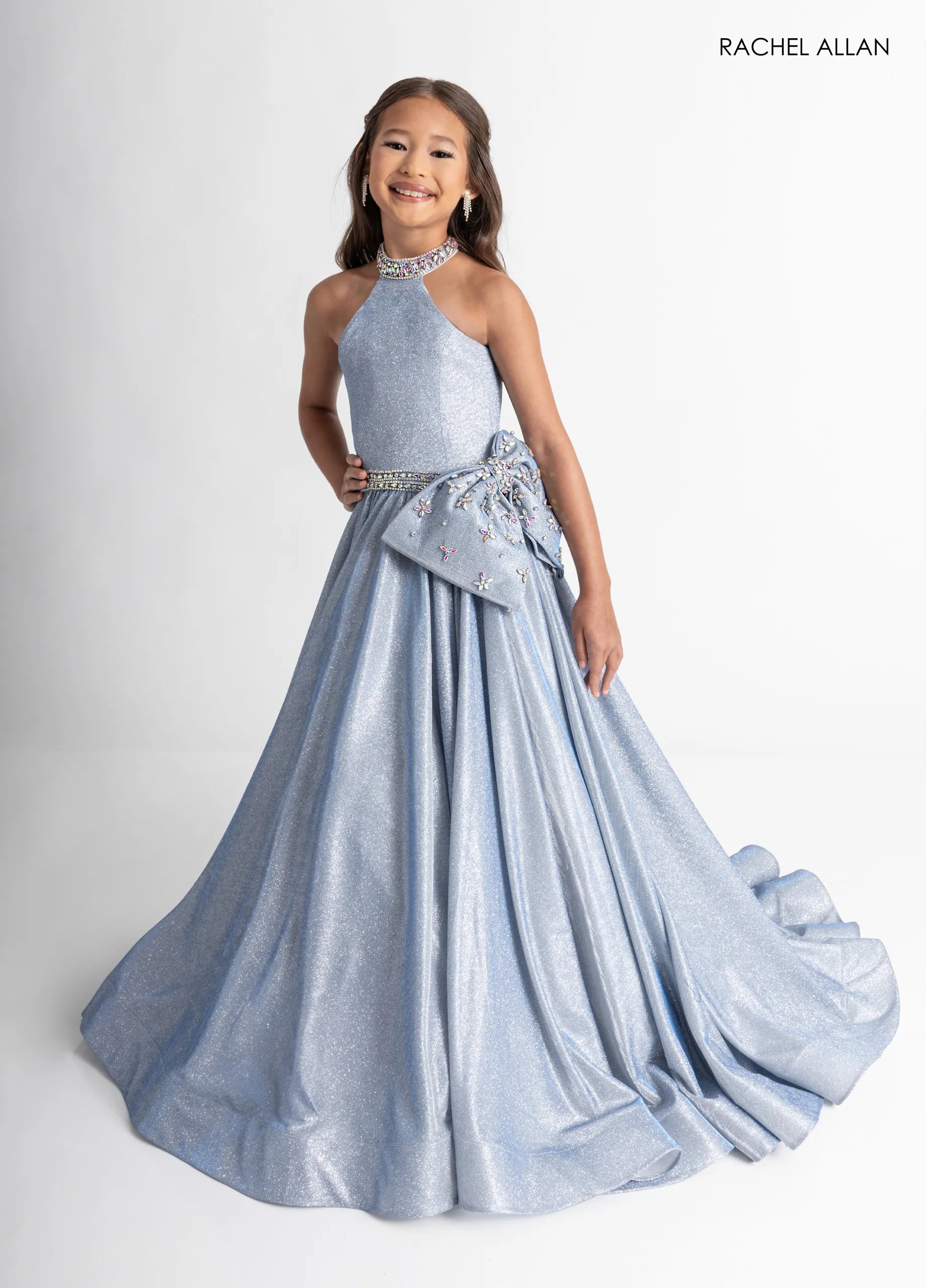 Silver Shimmer Halter Floor-Length Shimmer Flower Girl Ball Gown with Beaded Waistband Rachel Allan 10322