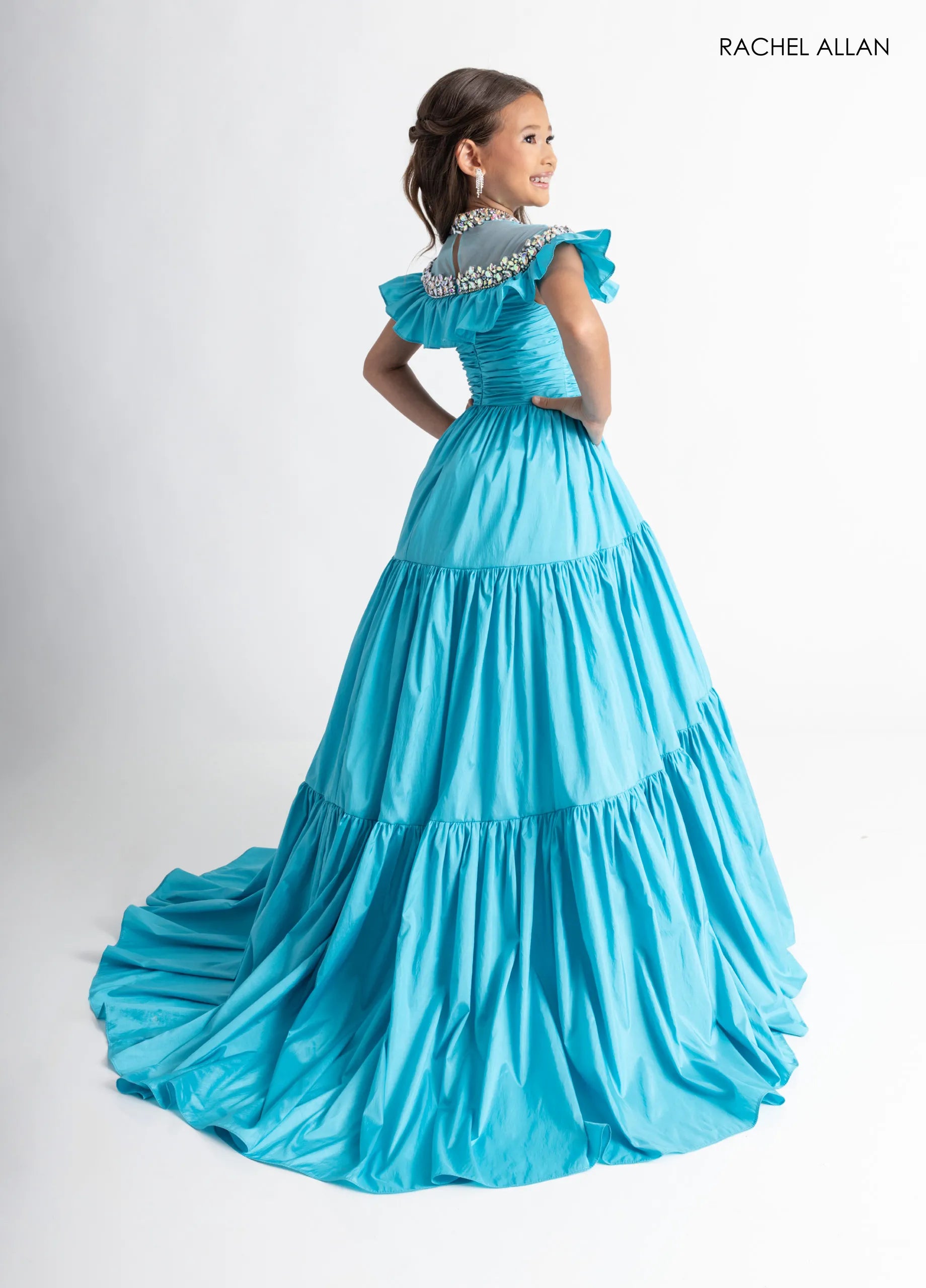 Turquoise High-Neck Floor-Length Taffeta Flower Girl Dress with Tiered Skirt and Crystal Collar Rachel Allan 10326