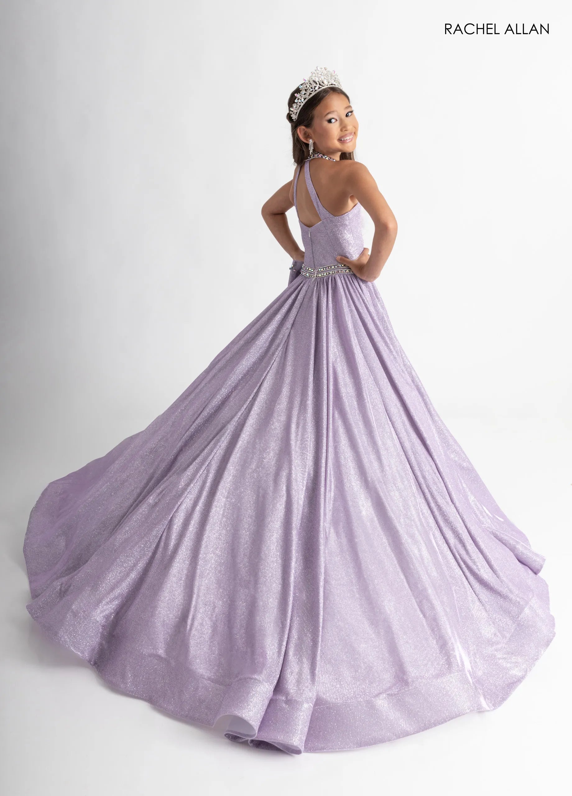 Orchid Shimmer Halter Floor-Length Shimmer Flower Girl Ball Gown with Beaded Waistband Rachel Allan 10322