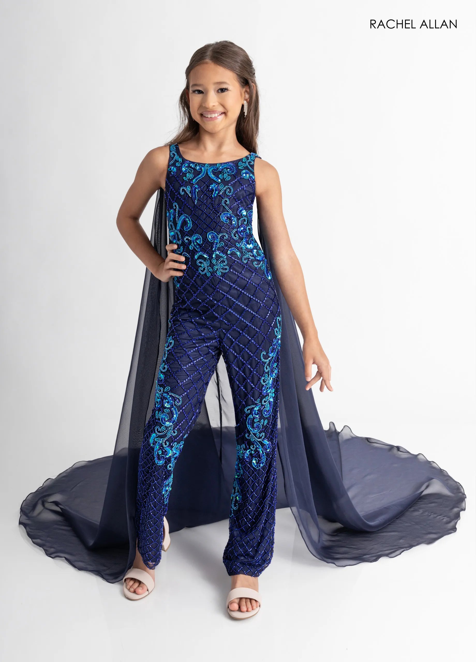 Navy Multi Scoop Neck Floor-Length Beaded Mesh Pageant Jumpsuit with Attached Cape Rachel Allan 10320