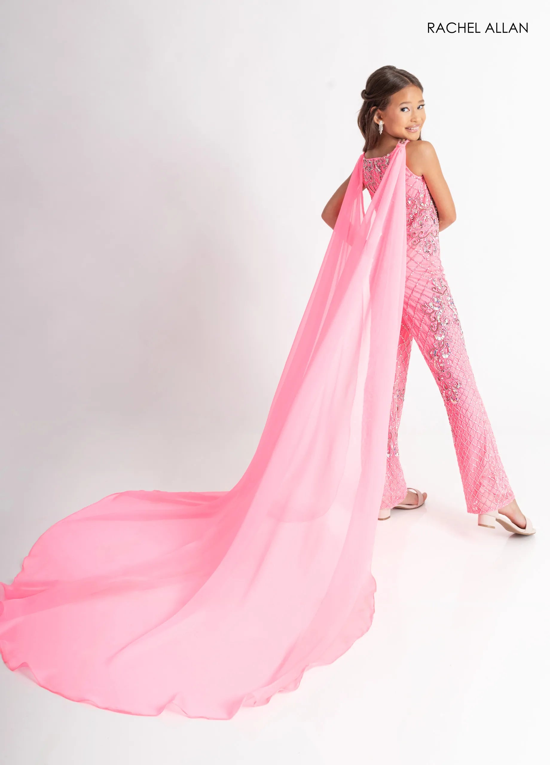 Hot Pink Silver Scoop Neck Floor-Length Beaded Mesh Pageant Jumpsuit with Attached Cape Rachel Allan 10320