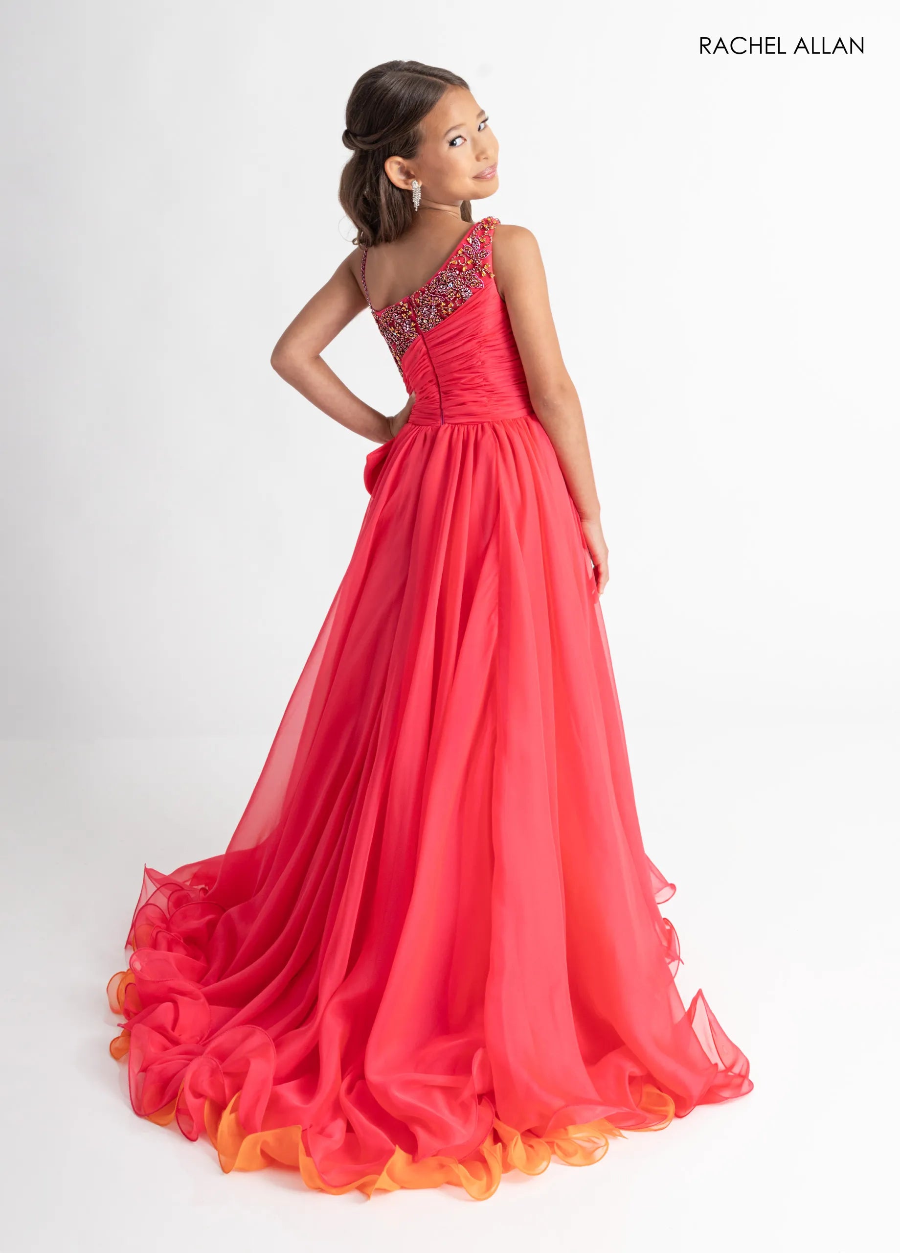 One-Shoulder Short Embellished Romper Gown by Rachel Allan 10311 in Hot Pink Tangerine