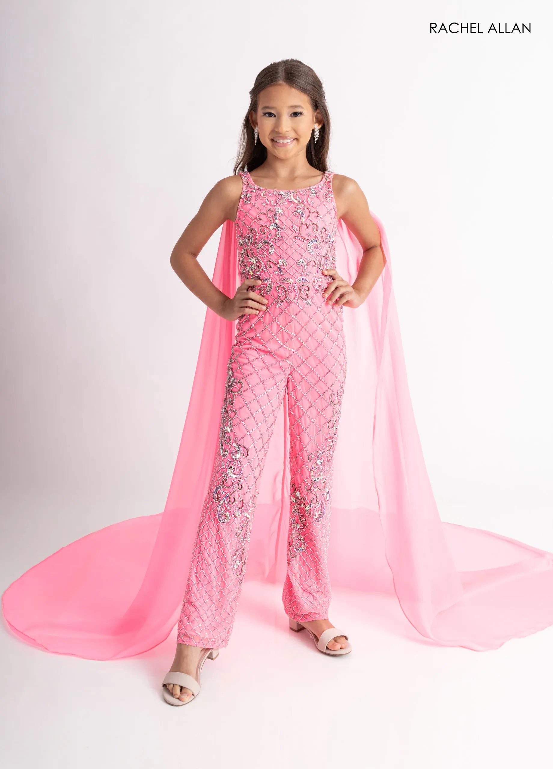 Hot Pink Silver Scoop Neck Floor-Length Beaded Mesh Pageant Jumpsuit with Attached Cape Rachel Allan 10320