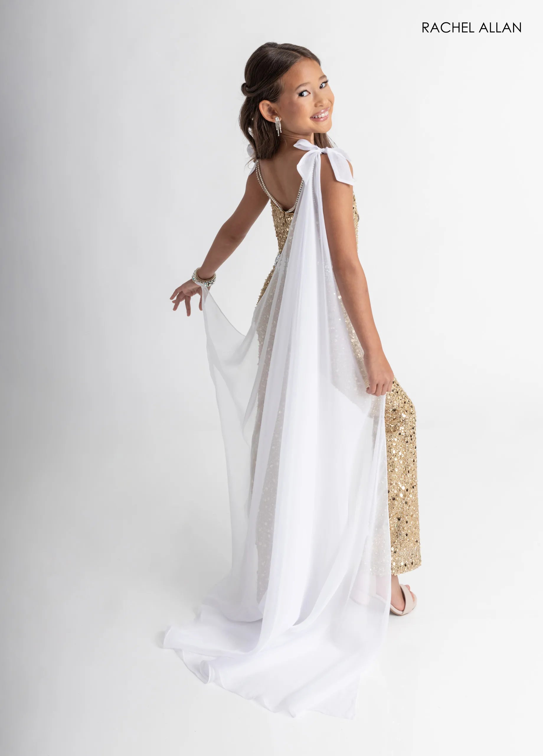 Gold White Square-Full-Length Sequin Pageant Jumpsuit with Chiffon Cape Rachel Allan 10330