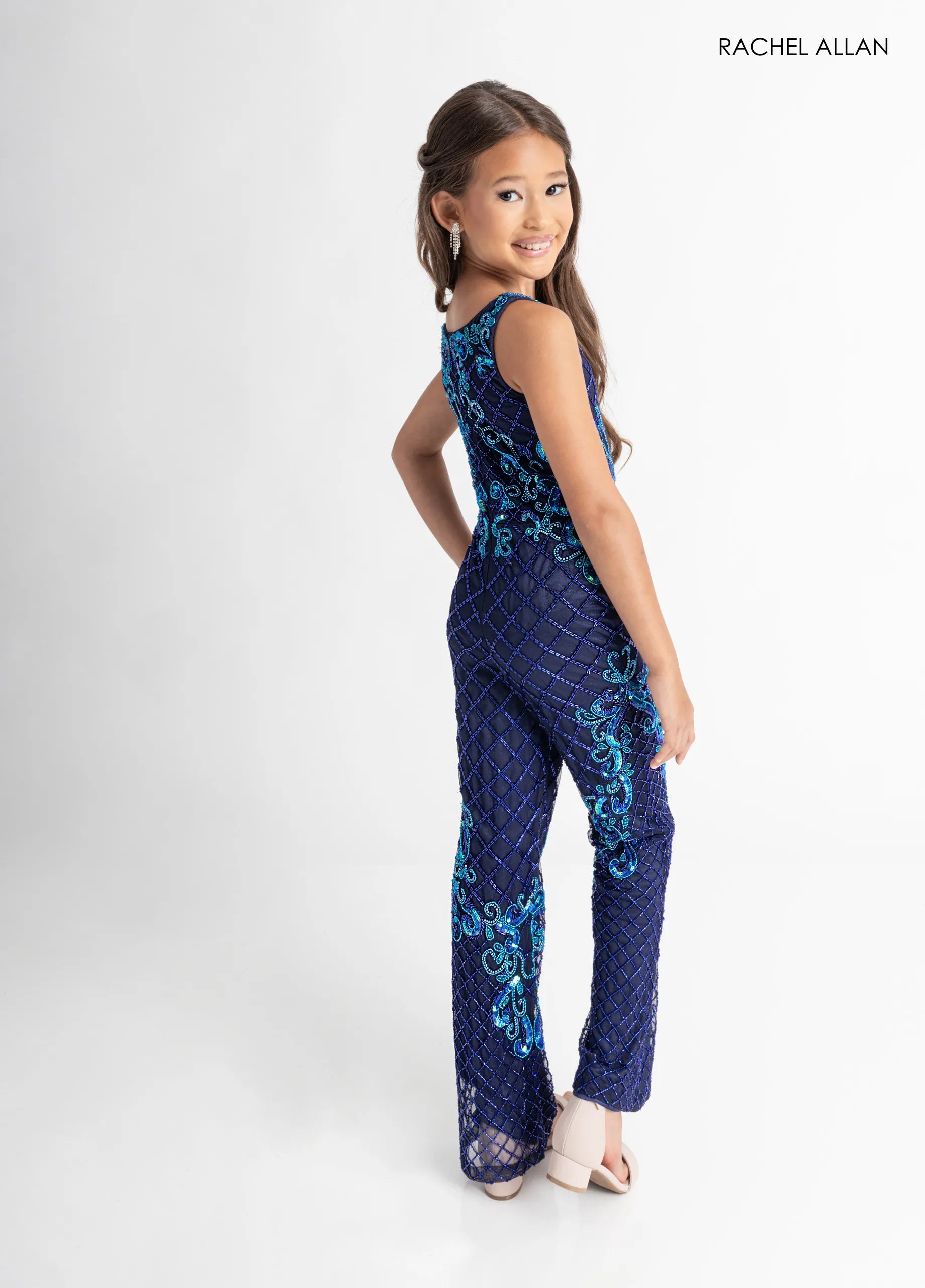 Navy Multi Scoop Neck Floor-Length Beaded Mesh Pageant Jumpsuit with Attached Cape Rachel Allan 10320