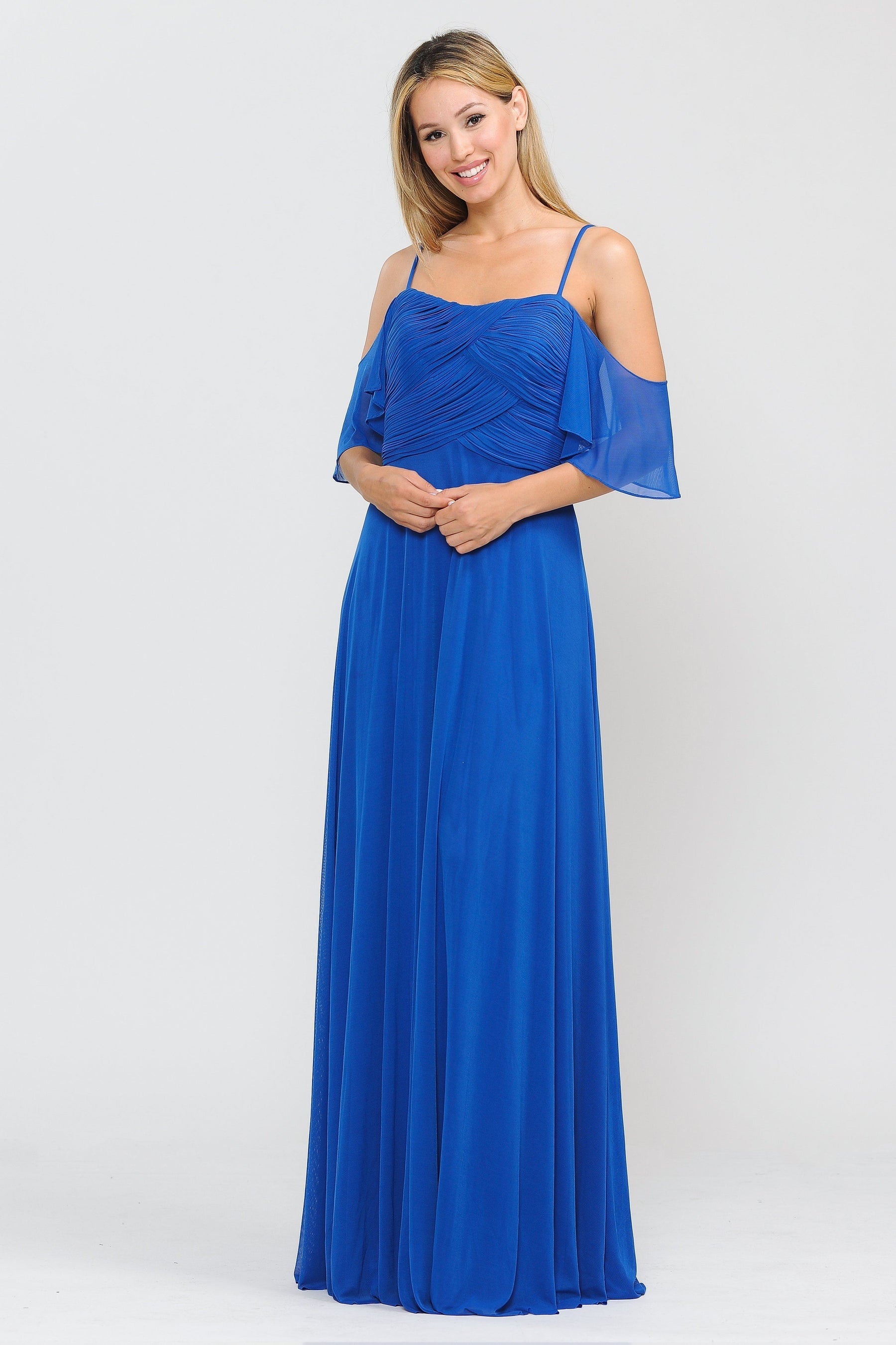 Royal Blue Cold-Shoulder Floor-Length Chiffon Formal Gown with Flutter Sleeves Poly USA 8552
