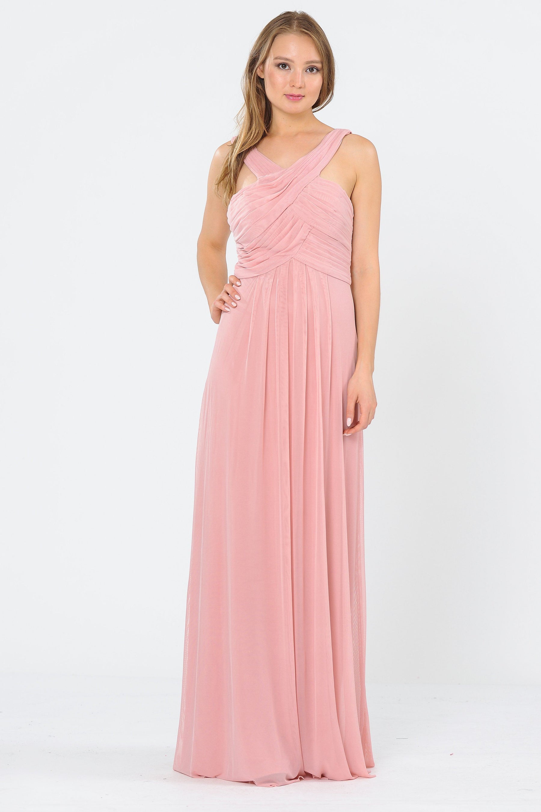Mauve Criss-Cross Floor-Length Pleated Chiffon Formal Gown with A-Line Silhouette Poly USA 8554