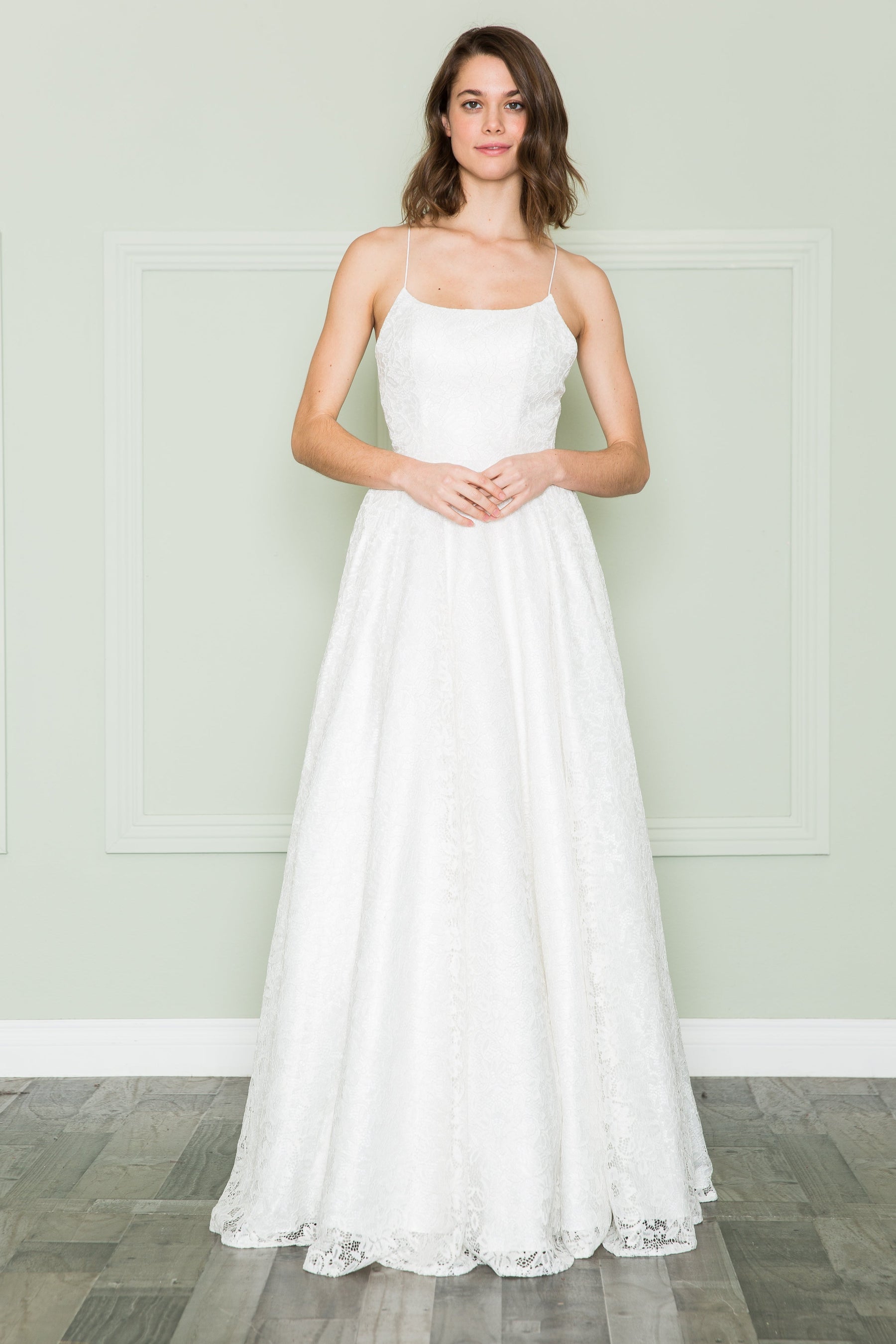 Off White Scoop Neck Floor-Length Lace Wedding Gown with Open Back Poly USA 8862