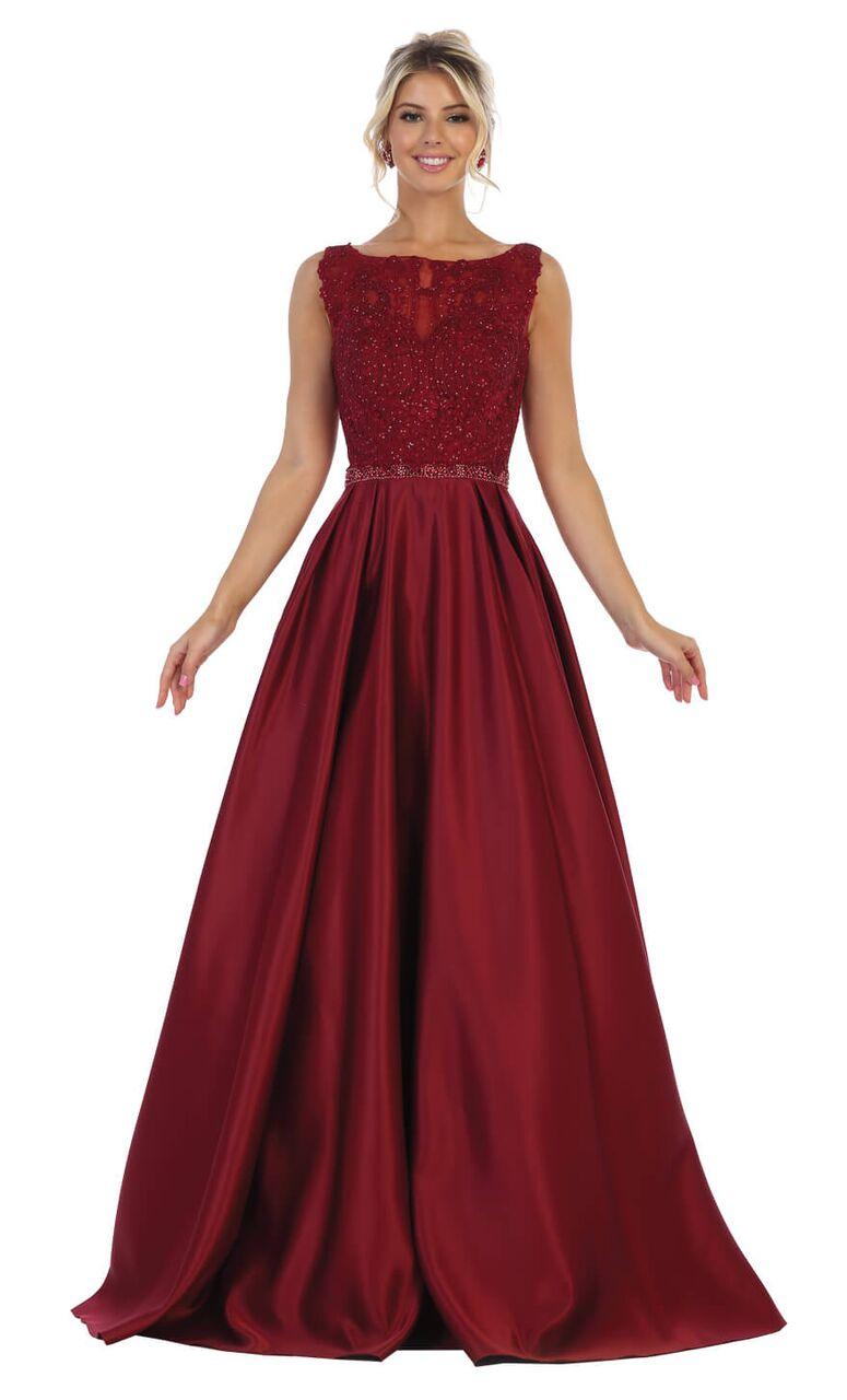 Long Ball Gown Sleeveless Satin Prom Dress - The Dress Outlet May Queen