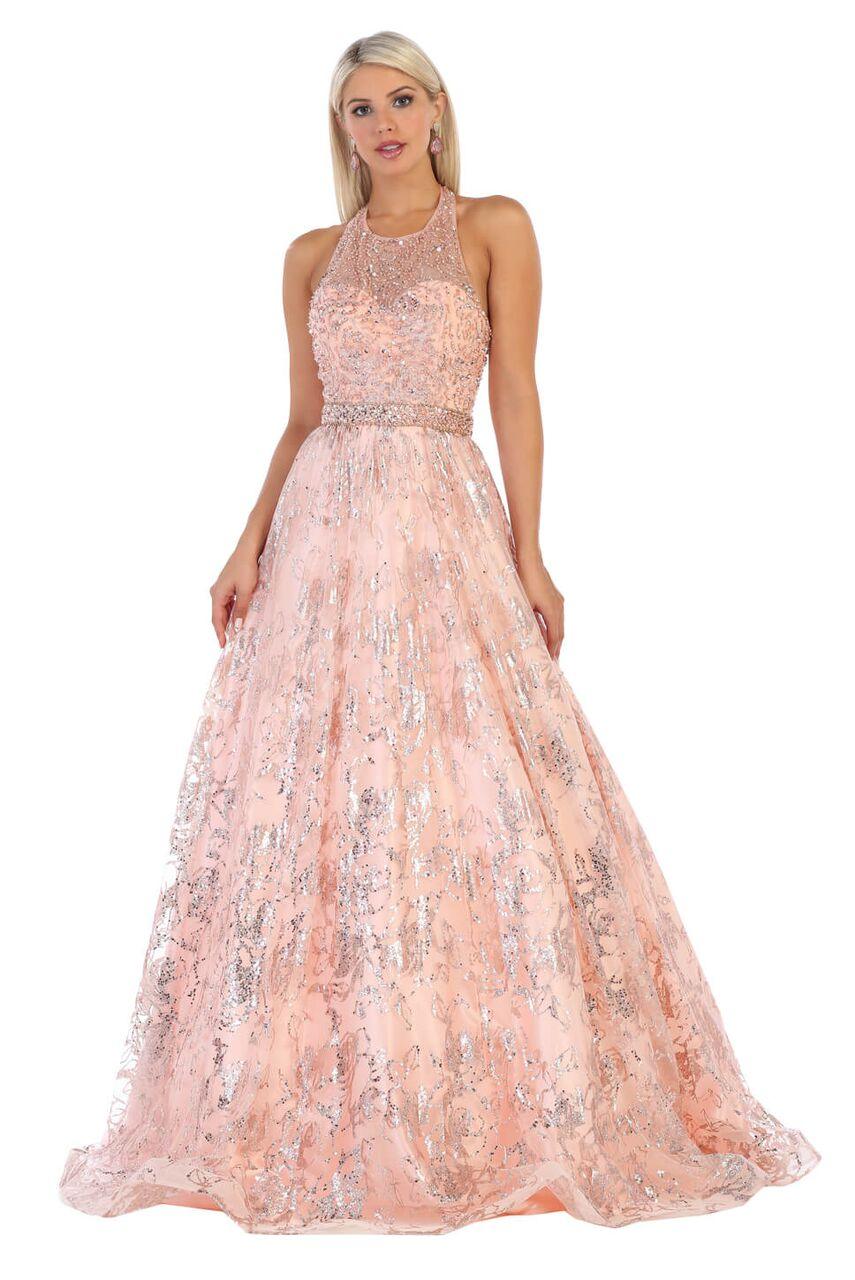 Long Beaded Halter Prom Dress Ball Gown - The Dress Outlet May Queen
