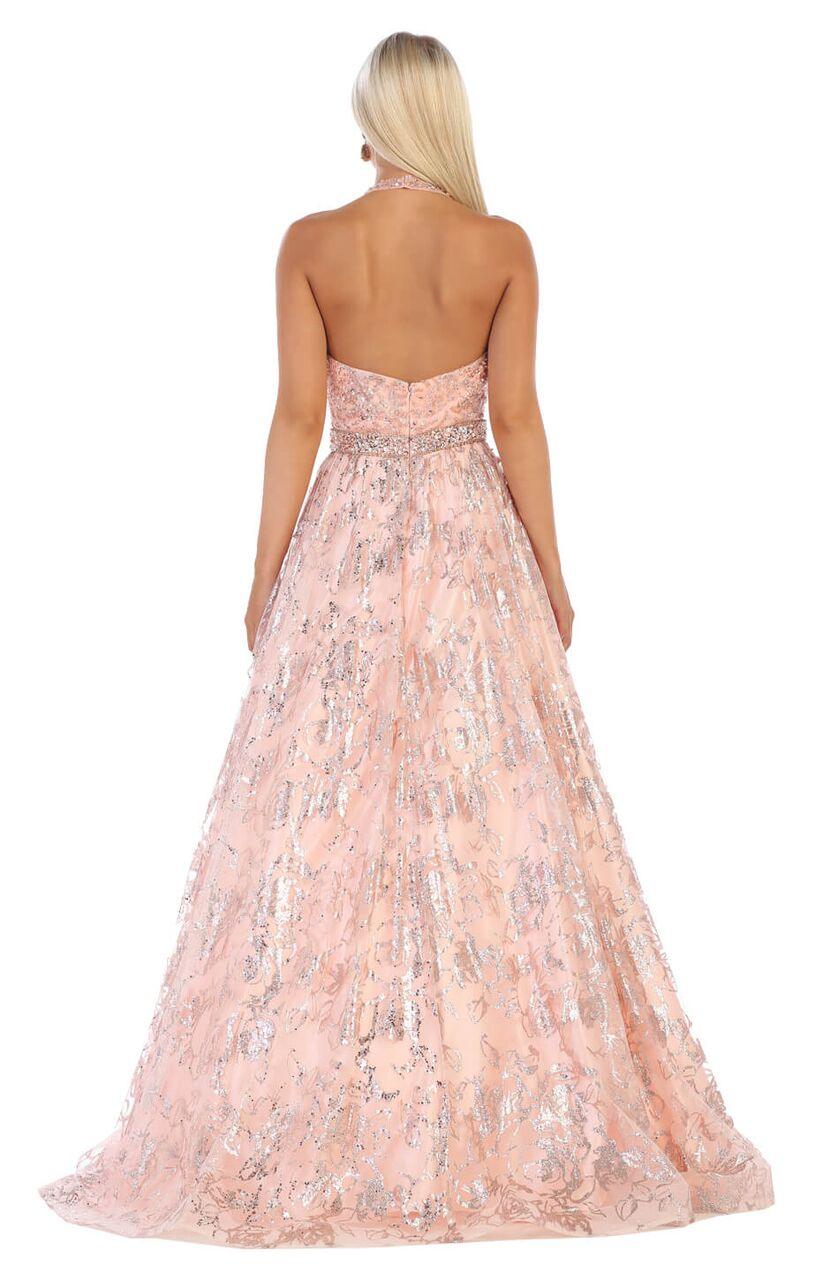 Long Beaded Halter Prom Dress Ball Gown - The Dress Outlet May Queen