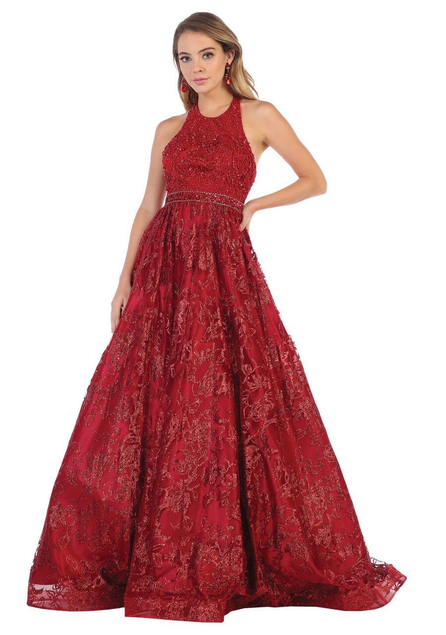 Long Beaded Halter Prom Dress Ball Gown - The Dress Outlet May Queen