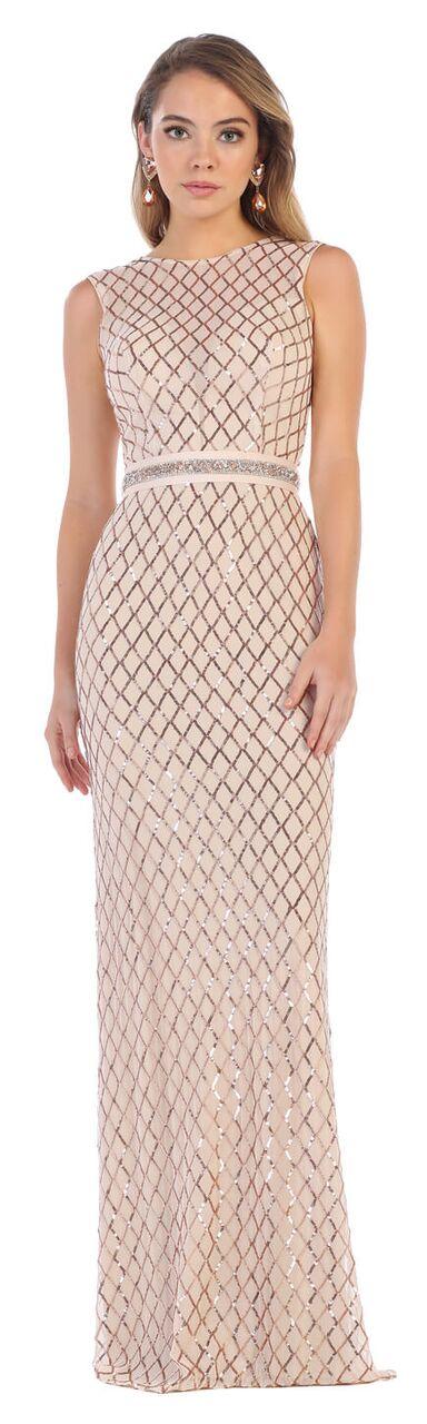 Long Beaded Prom Dress with Sequined Belt - The Dress Outlet May Queen