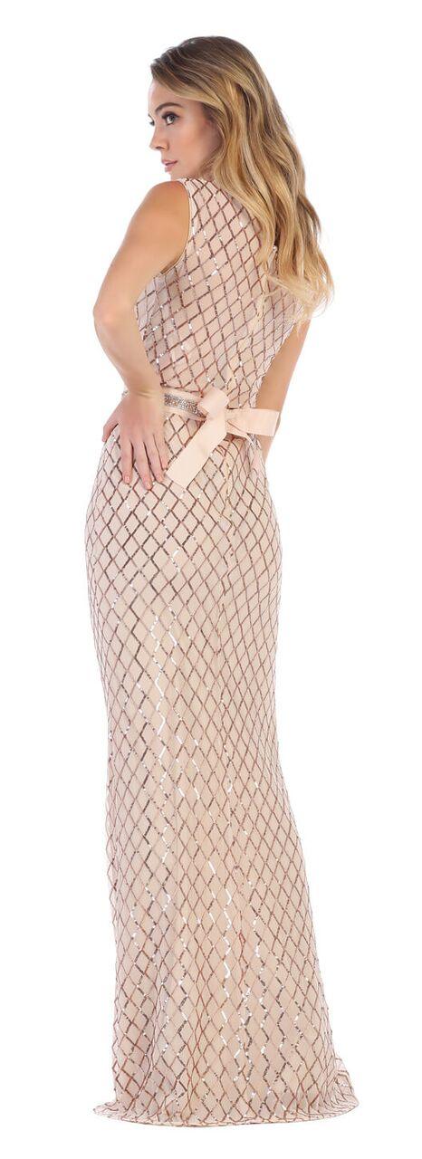 Long Beaded Prom Dress with Sequined Belt - The Dress Outlet May Queen